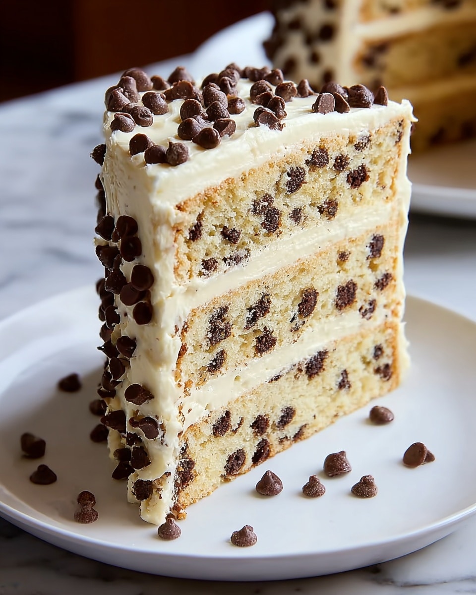 The image shows a slice of three-layer chocolate chip cake on a white plate, placed on a white marbled surface. Each cake layer is light golden brown with many small dark chocolate chips throughout. Between the cake layers, there is a thick, creamy, off-white frosting that is smooth and evenly spread. The top layer of the cake is fully covered with the same creamy frosting and decorated with dark chocolate chips dotted all over. The texture of the cake layers looks soft and moist, while the frosting is rich and dense. Photo taken with an iphone --ar 4:5 --v 7