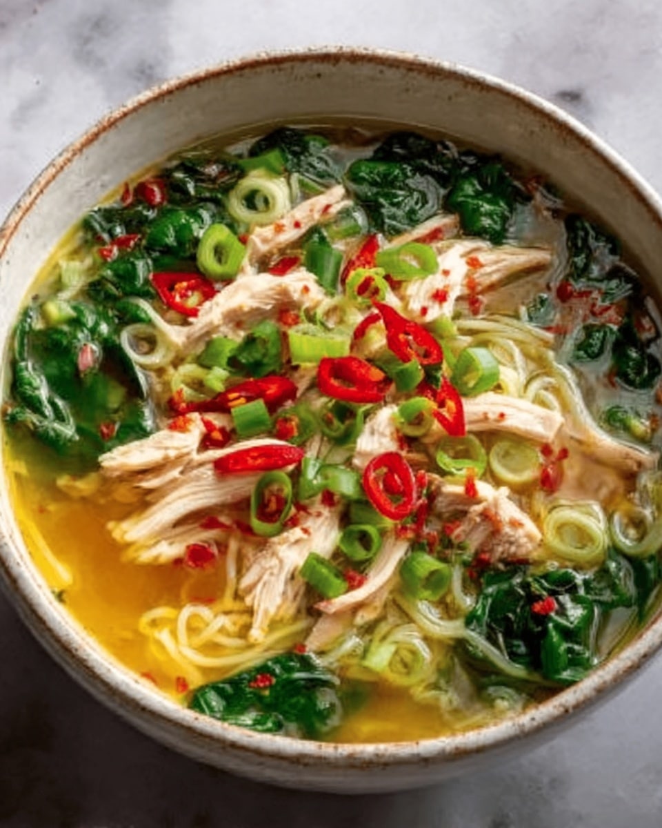 A white bowl filled with a clear soup showing multiple layers: at the bottom are light yellow noodles, soft and curly; on top of the noodles are bright green leafy vegetables and slices of pale white chicken with slight brown edges; thin red chili slices and small green herbs float gently on the surface, mixed with a light broth that looks warm and inviting. The bowl sits on a white marbled surface. photo taken with an iphone --ar 4:5 --v 7