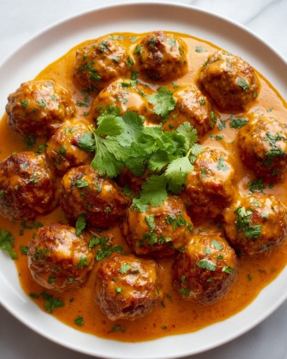 The image shows a white plate filled with round, brown meatballs covered in orange-brown sauce, with some green herbs sprinkled on top. The meatballs look juicy and slightly textured, and the sauce is smooth and glossy, pooling around the base. A few sprigs of fresh cilantro are placed on the center, adding a bright green color contrast. The plate is set on a white marbled surface. photo taken with an iphone --ar 4:5 --v 7