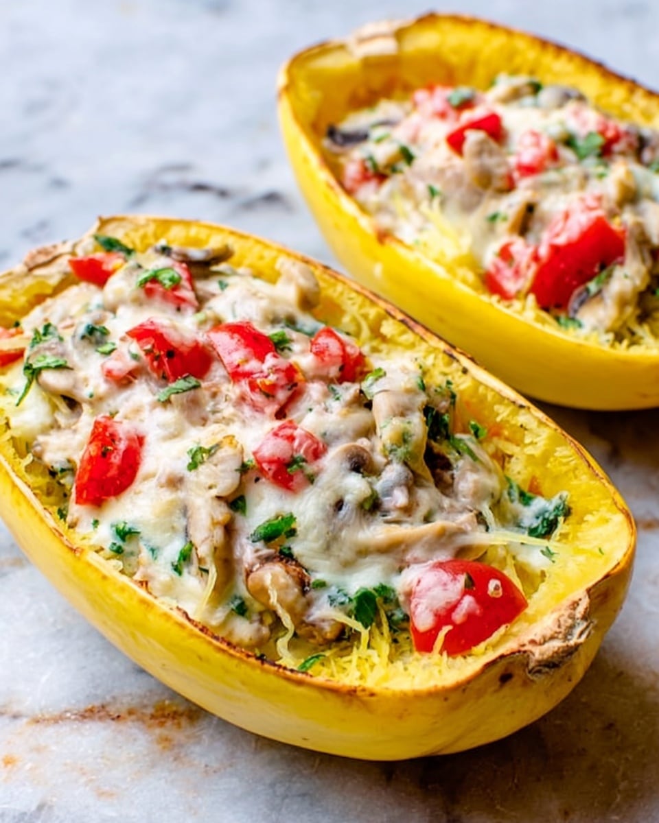 The image shows two halves of a yellow spaghetti squash filled with layers of ingredients. The base layer is the yellow, smooth squash shell. Inside, the first layer is a mix of creamy white sauce with small pieces of mushrooms that are light brown and slightly soft. Scattered on top are chunks of bright red tomatoes adding a fresh pop of color. There are also bits of green herbs spread evenly, giving contrast to the other colors. Melted cheese with a slightly browned, bubbly texture covers the top, blending the ingredients together. The halves rest on a white marbled surface, and the photo has clear lighting highlighting the textures and colors. Photo taken with an iphone --ar 4:5 --v 7
