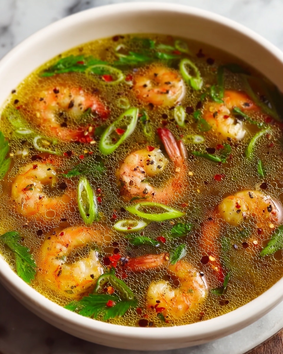 A white bowl filled with clear golden broth that has a light oily surface with small bubbles. Floating in the broth are cooked shrimp with a pink-orange color, scattered evenly throughout. Thin slices of green onion rings and green leafy herbs add freshness and contrast on top. Small red chili flakes and black pepper bits are sprinkled around, giving a spicy look. The bowl sits on a white marbled surface. photo taken with an iphone --ar 4:5 --v 7