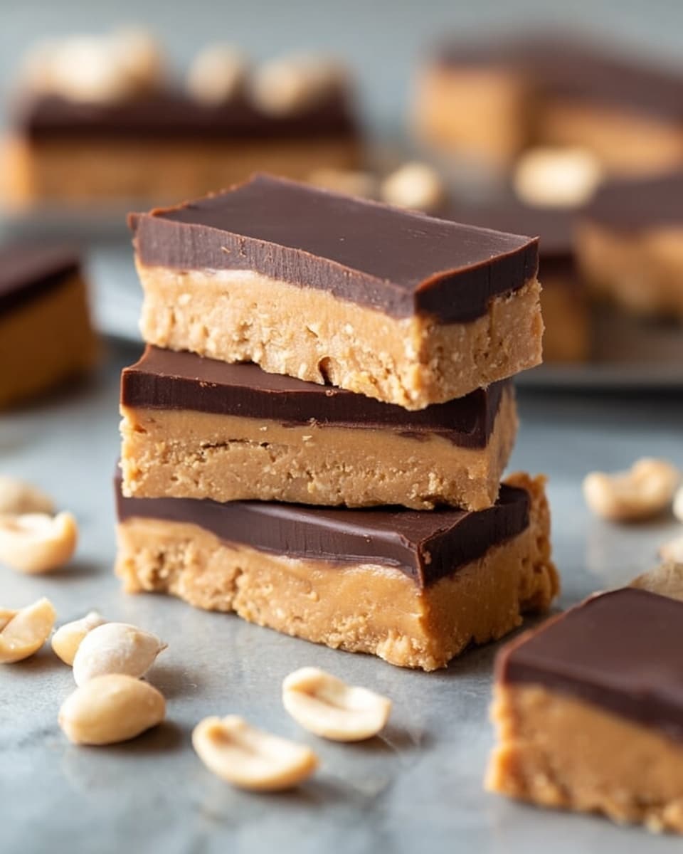 A stack of three rectangular peanut butter bars with a smooth, dark chocolate layer on top, each bar showing a thick creamy beige peanut butter layer beneath the shiny chocolate. Around the stack, more peanut butter bars lie flat on a white marbled surface with some whole and halved peanuts scattered nearby, adding texture and color contrast. The focus is close-up, highlighting the smoothness of the chocolate and the slightly grainy look of the peanut butter layer. photo taken with an iphone --ar 4:5 --v 7