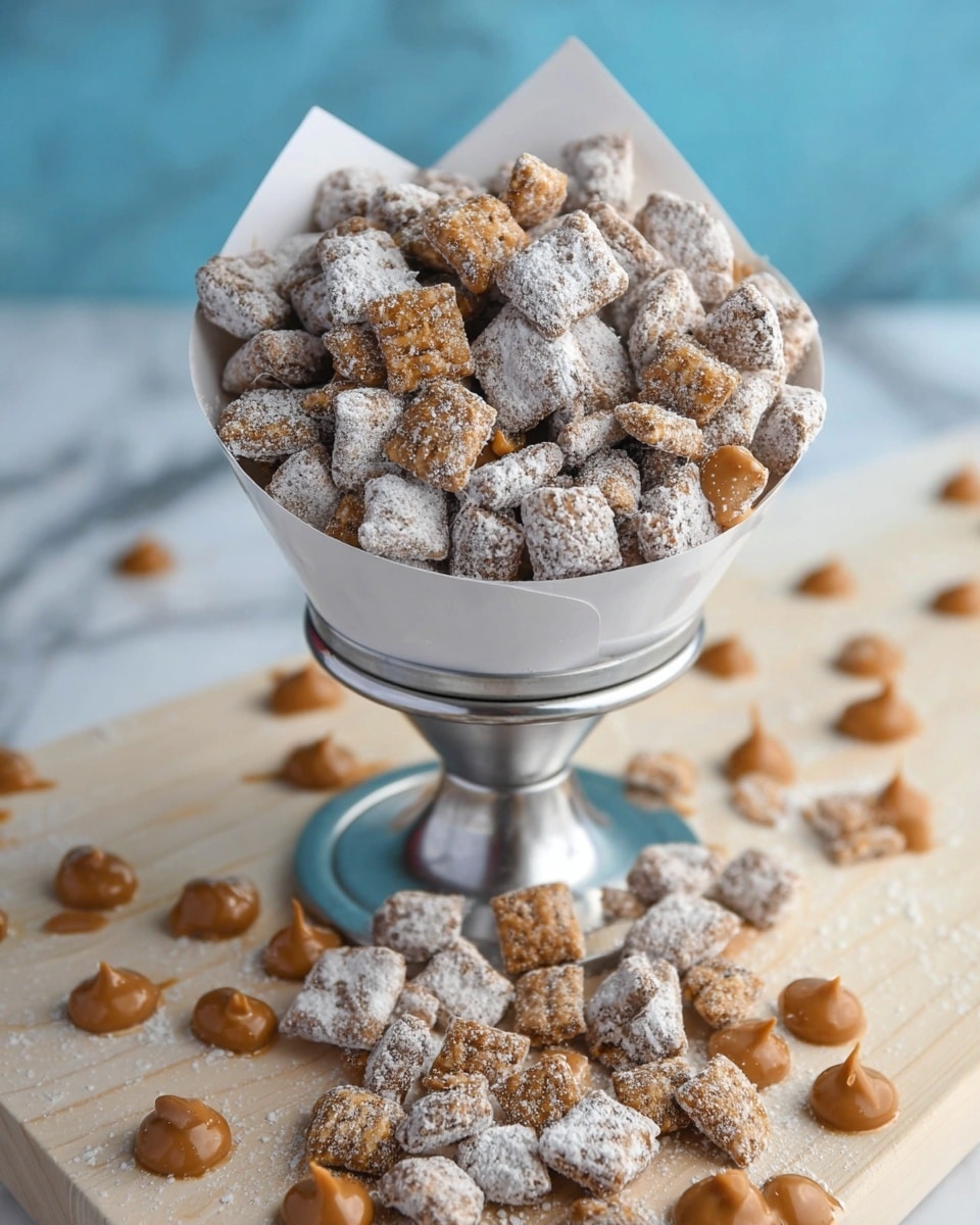 A white paper cone filled with small square cereal pieces coated in white powdered sugar and scattered smooth light caramel drops sits in a shiny metal stand. Some of the cereal and caramel drops spill out onto a light wood surface below. The cereal pieces are textured and covered in powder, with a mix of light and darker brown shades under the sugar, while the caramel drops are smooth and glossy, light brown in color. The background is a soft blue with a white marbled texture surface. Photo taken with an iphone --ar 4:5 --v 7