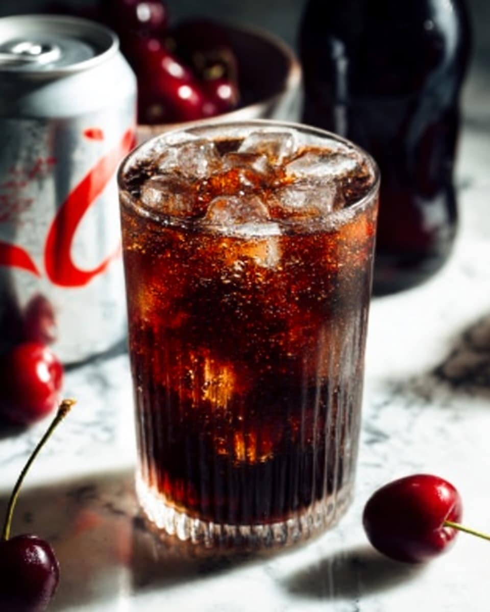 The image shows a clear glass filled with dark brown soda and ice cubes, with bubbles visible in the drink. The glass has vertical grooves around its surface, giving it texture. Behind the glass, to the left, there is a white open can with a red design partially visible. In the background, there is a dark bottle and a cherry placed near the glass on a white marbled surface. The lighting highlights the glass and the drink, creating reflections on the ice and the glass edges. photo taken with an iphone --ar 4:5 --v 7