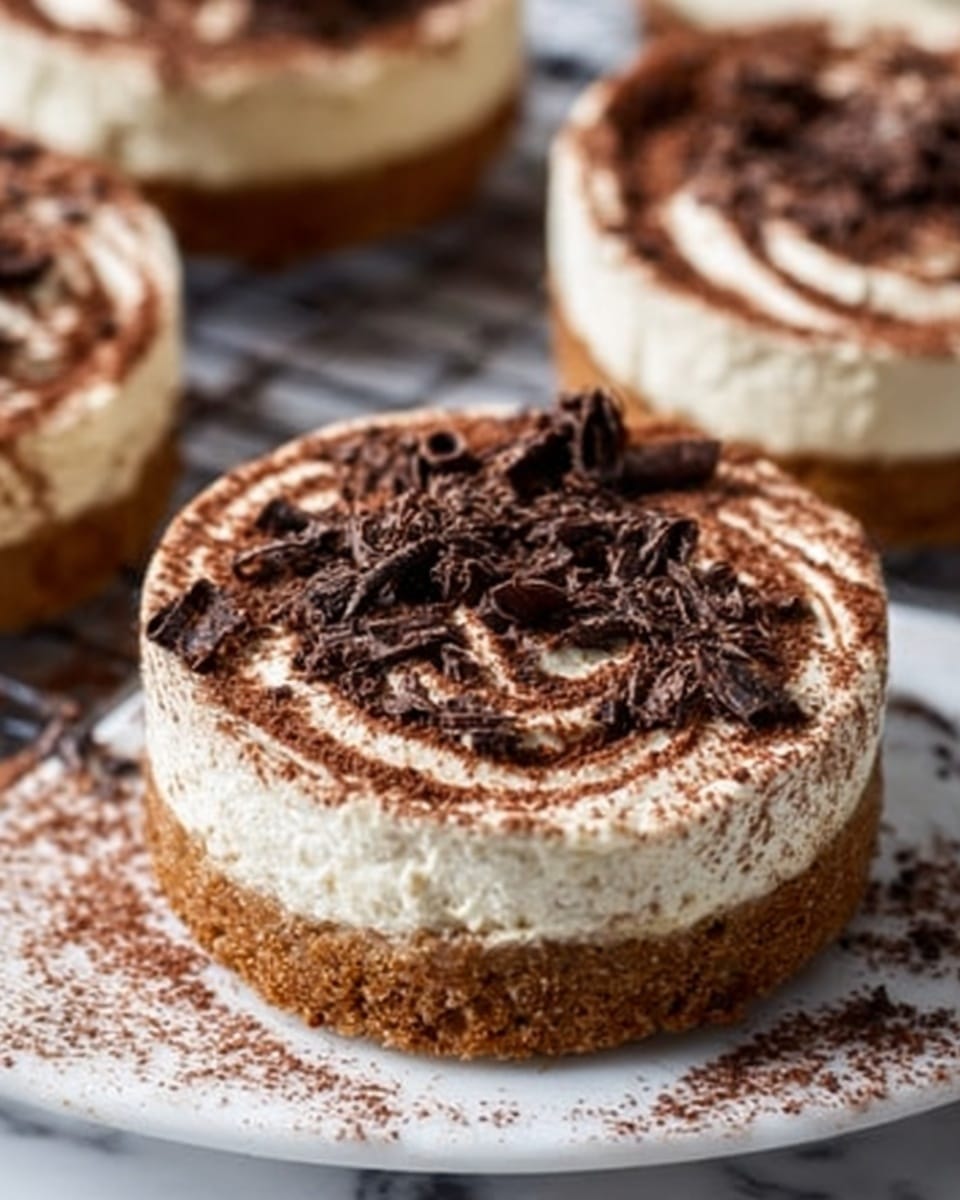 The image shows a close-up of a round dessert with two main layers on a white plate: the bottom layer is a light, crispy base with a crumbly texture, topped by a thick, creamy layer that looks smooth and soft with swirls of dark brown cocoa powder and chocolate shavings sprinkled on top. The dessert has a slightly rough edge where the creamy layer meets the base, and the chocolate shavings add a rough texture contrast. The background is a white marbled surface with other similar desserts slightly out of focus behind it. Photo taken with an iphone --ar 4:5 --v 7