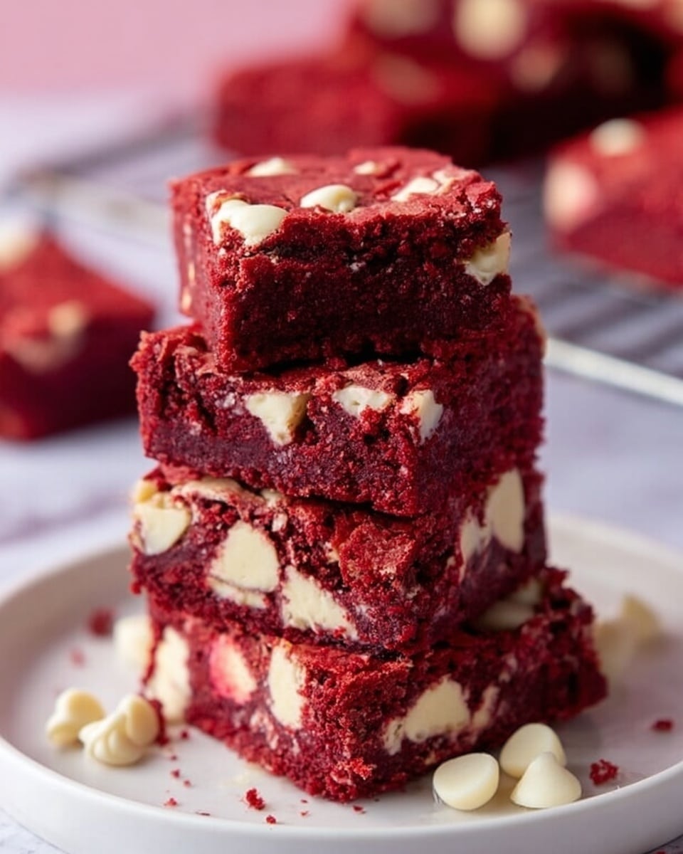 The image shows a stack of four red velvet brownies with white chocolate chips inside, arranged on a white plate with a few scattered white chocolate chips and crumbs around the base. Each brownie layer is thick and rich in a deep red color with creamy white chunks spread inside, giving a soft and dense texture. The background has a white marbled surface and a blurred baking rack holds more brownies in the distant pinkish background. Photo taken with an iphone --ar 4:5 --v 7