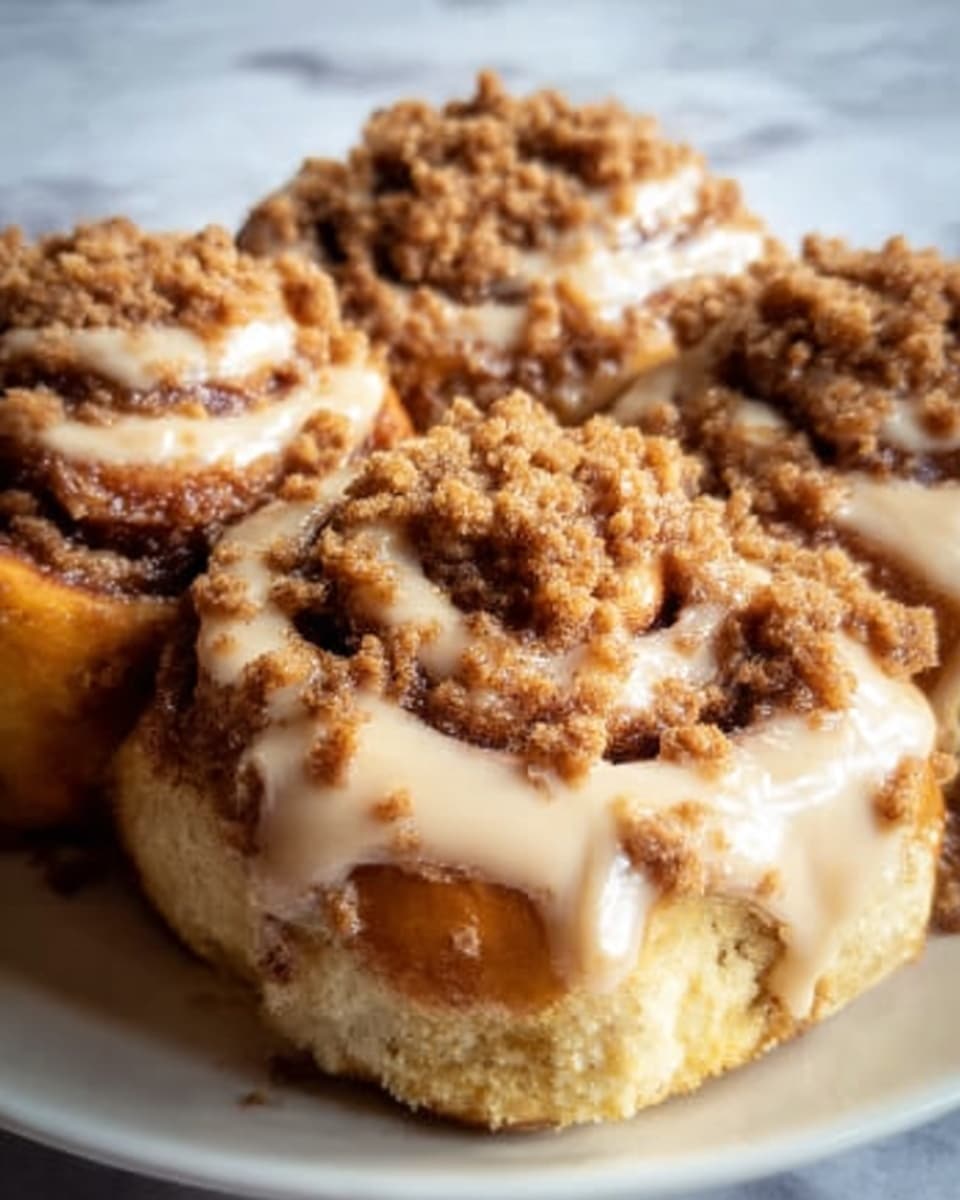 A close-up of a plate filled with seven cinnamon rolls. Each roll has several spirals showing a golden-brown dough with dark cinnamon filling inside. The rolls are topped with a smooth light tan icing covering most of the top layer, and sprinkled lightly with crumbly darker brown bits. The plate is white, sitting on a white marbled surface. Photo taken with an iphone --ar 4:5 --v 7