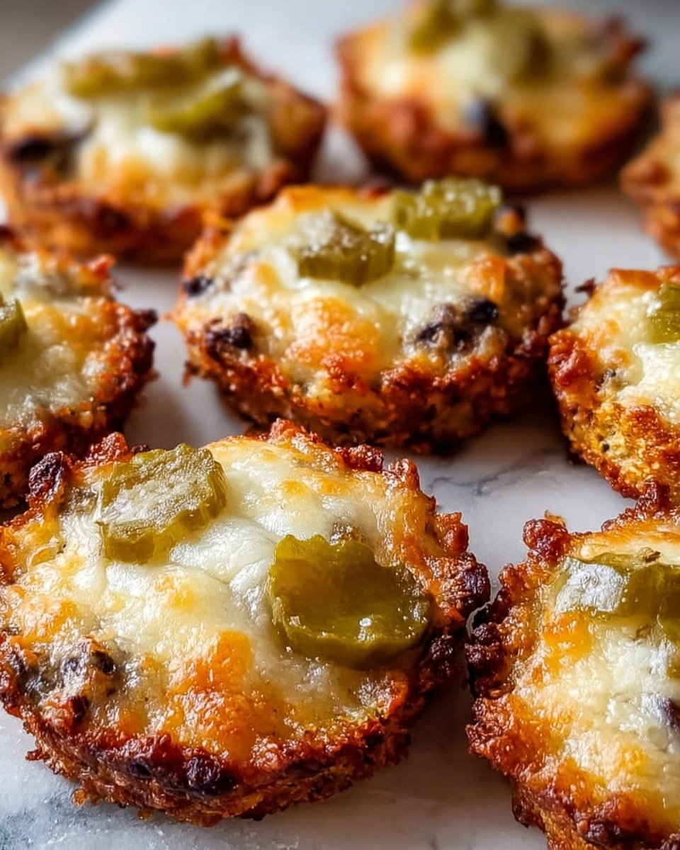 The image shows a close-up of eight small, round, golden-brown baked snacks placed closely on a white marbled surface. Each snack has a crispy, textured outer layer with some dark golden edges and is topped with melted white cheese that looks soft and slightly browned. Small pieces of green pickle are scattered on top of the cheese, adding contrast in color. The snacks have an uneven, slightly rugged shape, with the melted cheese sitting in the middle of each piece. Photo taken with an iphone --ar 4:5 --v 7