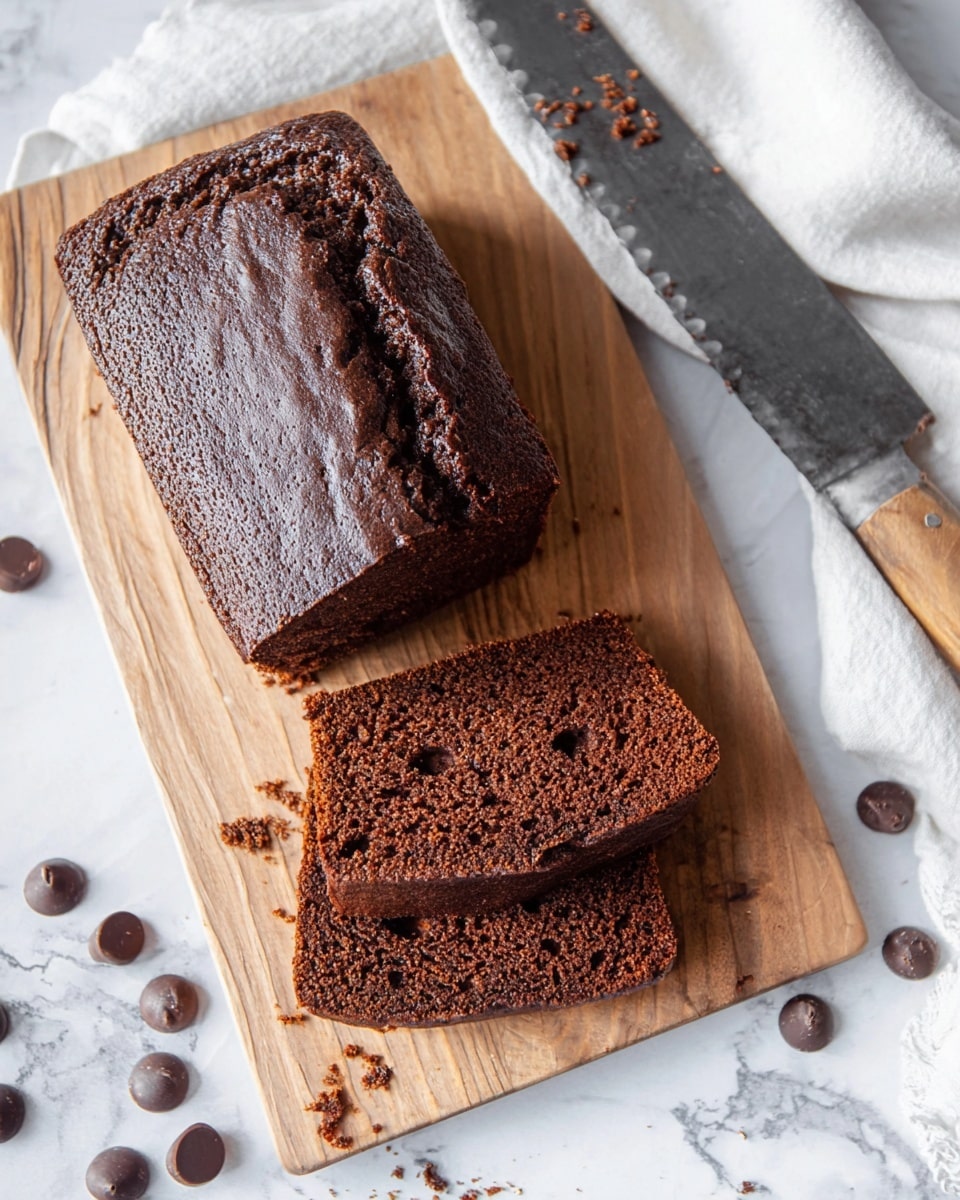 A dark chocolate loaf cake is shown on a wooden cutting board with a smooth, cracked top layer. Two slices are cut from the loaf, revealing a moist, dense, and rich brown interior textured with small holes and melted chocolate chunks. Scattered around the board are dark chocolate chips, adding a glossy contrast. A large serrated knife with traces of cake crumbs lies beside the cutting board. The background is a white marbled texture with a white cloth partially visible on the side. photo taken with an iphone --ar 4:5 --v 7