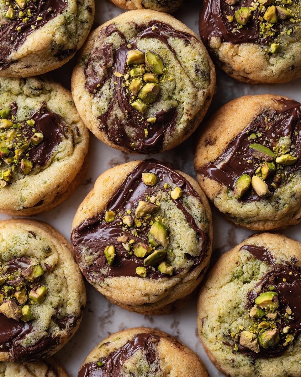 The image shows several round cookies closely placed on a white marbled surface, each one about the same size. Each cookie has two main layers: the base is a soft, light golden-brown dough with a slightly crumbly texture, and on top, there are large uneven patches of dark glossy melted chocolate chunks. Scattered across the top are small, chopped bright green pistachio nuts adding a crunchy texture. The cookies have a slightly raised, puffy edge and a soft center with a mix of greenish pistachio bits and dark chocolate creating a rich pattern. photo taken with an iphone --ar 4:5 --v 7