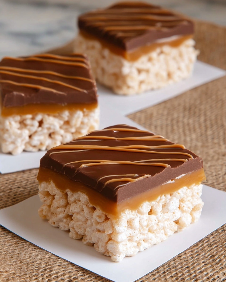 The image shows three square treats placed on pieces of white paper over a coarse brown textured cloth. Each treat has three layers: the bottom layer is a light beige, crunchy rice cereal mixed with a white marshmallow-like binder, giving it a bumpy texture; the middle layer is a smooth golden caramel; the top layer is a shiny, dark chocolate coating accented with thin, wavy caramel lines. The treats are positioned diagonally, with two in focus in the front and one slightly blurred in the background on a white marbled surface. photo taken with an iphone --ar 4:5 --v 7