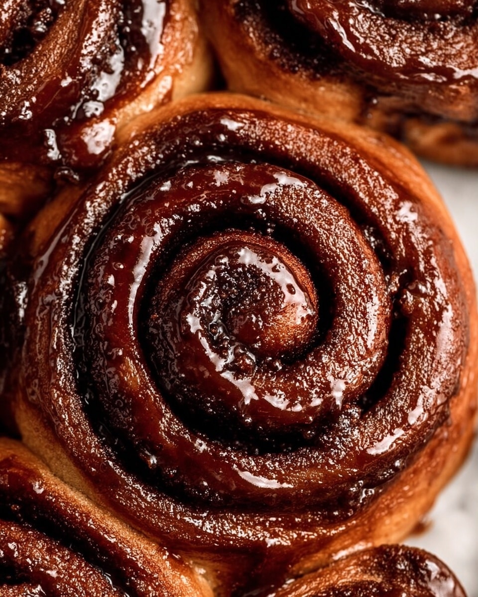 A close-up view of a chocolate cinnamon roll showing a tight, spiral shape with three to four visible layers of dough and chocolate filling. The dough layers are soft brown with a slightly rough texture, while the chocolate filling is dark, glossy, and thick, covering the inside of the spiral and glistening with a shiny glaze that reflects light. The surface of the roll has small bubbles and uneven texture, emphasizing the gooey chocolate coating. The whole image is focused tightly on the center roll, filling the frame, with part of neighboring rolls visible around the edges, all resting on a white marbled texture. Photo taken with an iphone --ar 4:5 --v 7