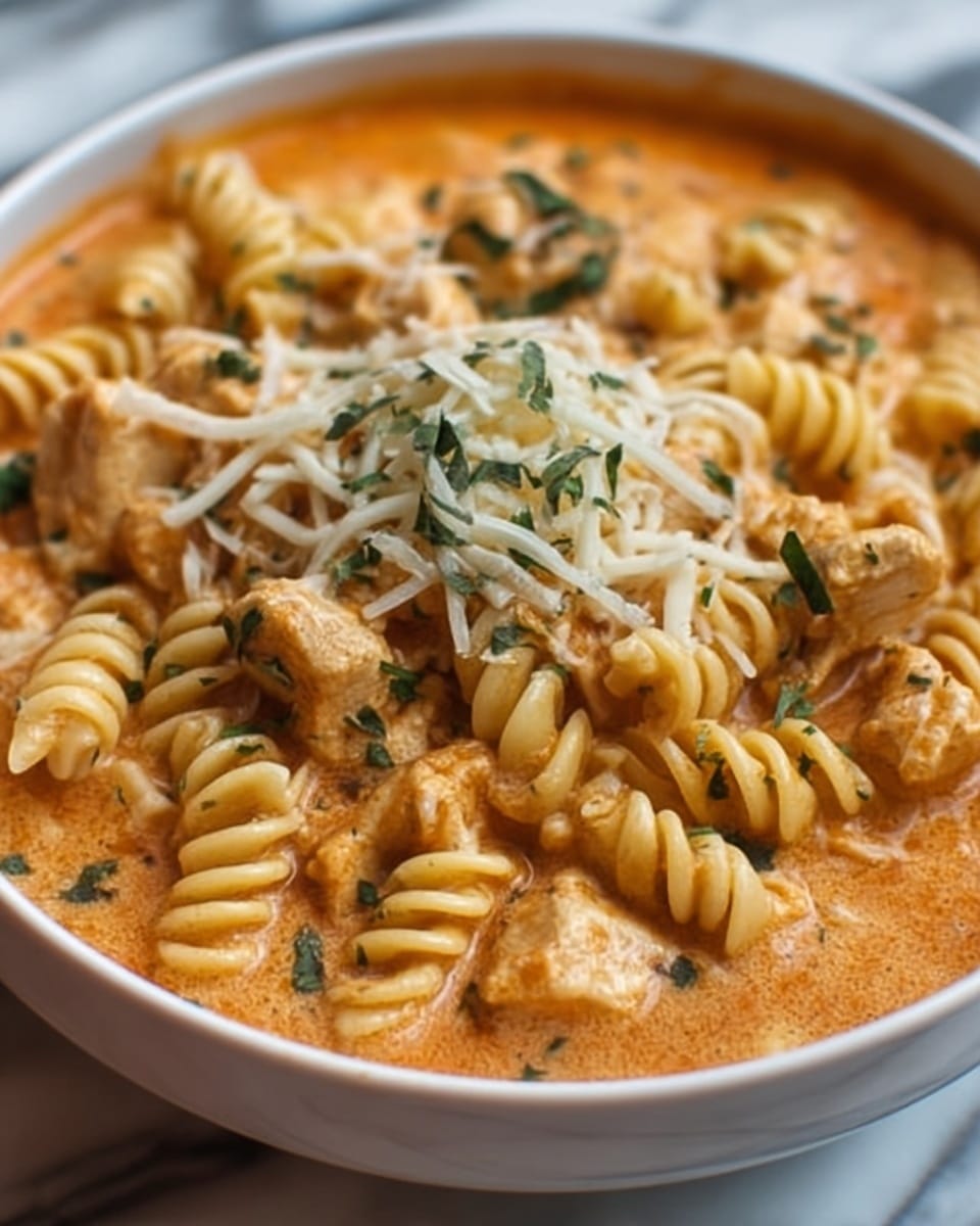 A close-up of a bowl filled with creamy orange pasta sauce with pieces of chicken and spiral fusilli pasta visible through the sauce. The dish is topped with a small pile of shredded white cheese sprinkled with green herbs. The bowl is white, sitting on a white marbled surface. The sauce looks smooth and thick with chunks of meat and pasta partly covered but still visible. photo taken with an iphone --ar 4:5 --v 7