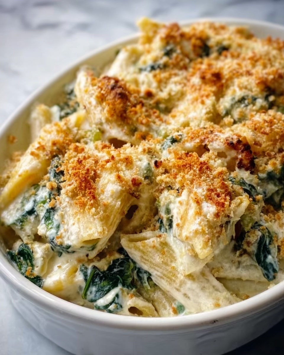 A white bowl filled with a creamy pasta dish, showing several layers of penne pasta coated in a thick white sauce with bits of green spinach mixed throughout. The pasta is topped with a golden-brown baked layer that looks crispy and slightly textured, sprinkled with light brown crumbs. The sauce looks smooth and rich, with chunks of spinach visible under the pasta layer. The bowl rests on a white marbled surface. Photo taken with an iphone --ar 4:5 --v 7