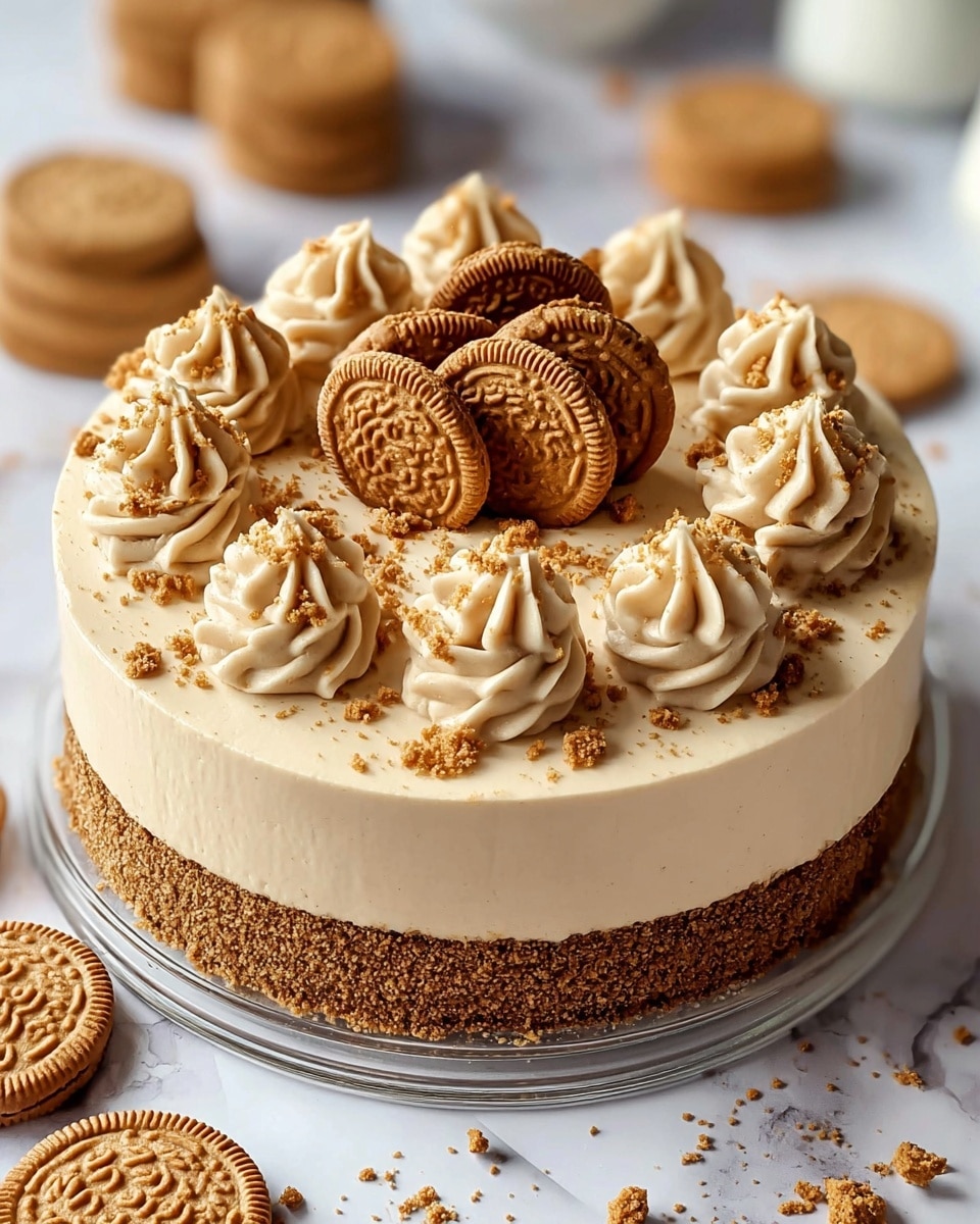 A round layered cake with a crumbly brown cookie crust at the bottom, topped by a smooth, creamy beige filling layer. On top, there are eight evenly spaced swirls of light beige cream placed close to the edge, each sprinkled with small cookie crumbs. In the center, there is a cluster of round brown cookies with a textured pattern. The cake sits on a clear glass plate, placed on a white marbled surface with scattered cookie crumbs and a few whole cookies around it. photo taken with an iphone --ar 4:5 --v 7