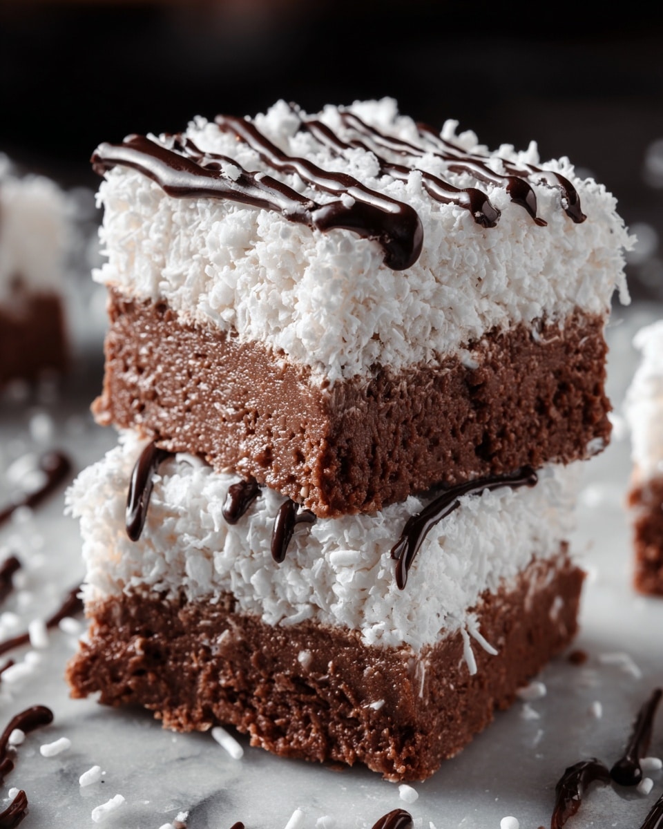 The image shows two square pieces of a layered dessert stacked on top of each other against a white marbled texture. Each piece has two layers: a bottom layer of rich, dark brown chocolate that looks slightly crumbly and rough in texture, and a thick top layer of white, finely textured coating that appears soft and powdery. The pieces have some small white sprinkles scattered around them, with an out-of-focus drizzle of dark chocolate in the background, adding a decorative touch. photo taken with an iphone --ar 4:5 --v 7