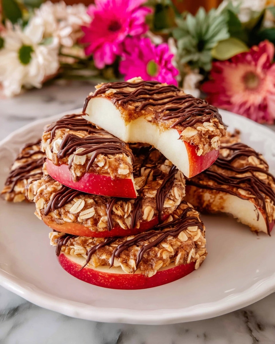 A white plate holds a stack of seven round apple slices, each about half an inch thick, with red skin around the edges and topped with a rough, golden-brown oat crumble layer that covers the entire top of each slice. Dark chocolate drizzle is applied in thin, uneven lines across all the slices, adding a glossy contrast. The top apple slice has a bite taken out of it, revealing the pale, soft apple inside. The plate is set on a white marbled surface with blurred pink, white, and green flowers in the background. photo taken with an iphone --ar 4:5 --v 7