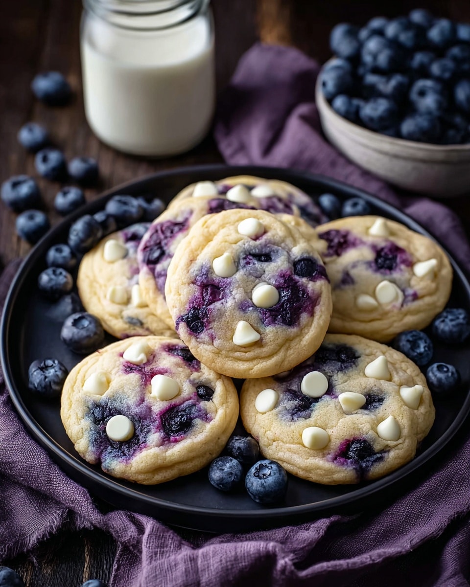 A white round plate holds six soft, round cookies arranged in a slightly overlapping circle. Each cookie is light golden with scattered plump dark blue blueberries baked inside, creating purple spots in the dough. Some cookies have several white chocolate chips on their surface, adding small smooth white dots contrasting with the purple swirls. The plate is on a white marbled surface with scattered fresh blueberries around it. In the background, there is a small wooden bowl filled with fresh blueberries and a glass jar of milk, both slightly out of focus. A dark purple cloth is partially visible on the left side. Photo taken with an iphone --ar 4:5 --v 7