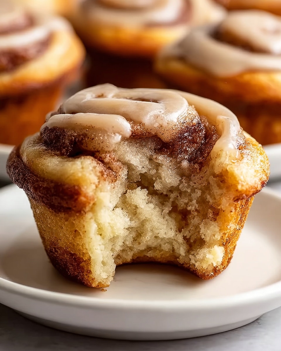 A close-up of a single cinnamon roll muffin with one bite taken out, showing its soft, fluffy, light beige inside with cinnamon swirls throughout. The top layer is thick with shiny, creamy light brown frosting swirled over the darker cinnamon sugar filling that peeks through. The muffin’s edges have a golden brown, lightly crisp texture. It sits on a simple white plate with a white marbled surface underneath. In the blurred background, more cinnamon roll muffins are slightly visible. Photo taken with an iphone --ar 4:5 --v 7