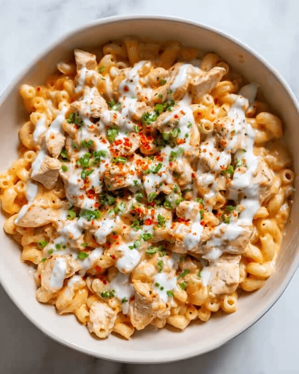 The image shows a white round bowl filled with creamy macaroni pasta topped with pieces of cooked chicken. The pasta is a light orange color, creamy and soft, covering the bottom layer of the bowl; on top, there are chunks of white chicken scattered evenly. There are thin drizzles of white sauce over the chicken and pasta, and small green herbs and chopped green onions sprinkled across the dish for color and freshness. The bowl is placed on a white marbled surface, creating a clean and bright background. Photo taken with an iphone --ar 4:5 --v 7