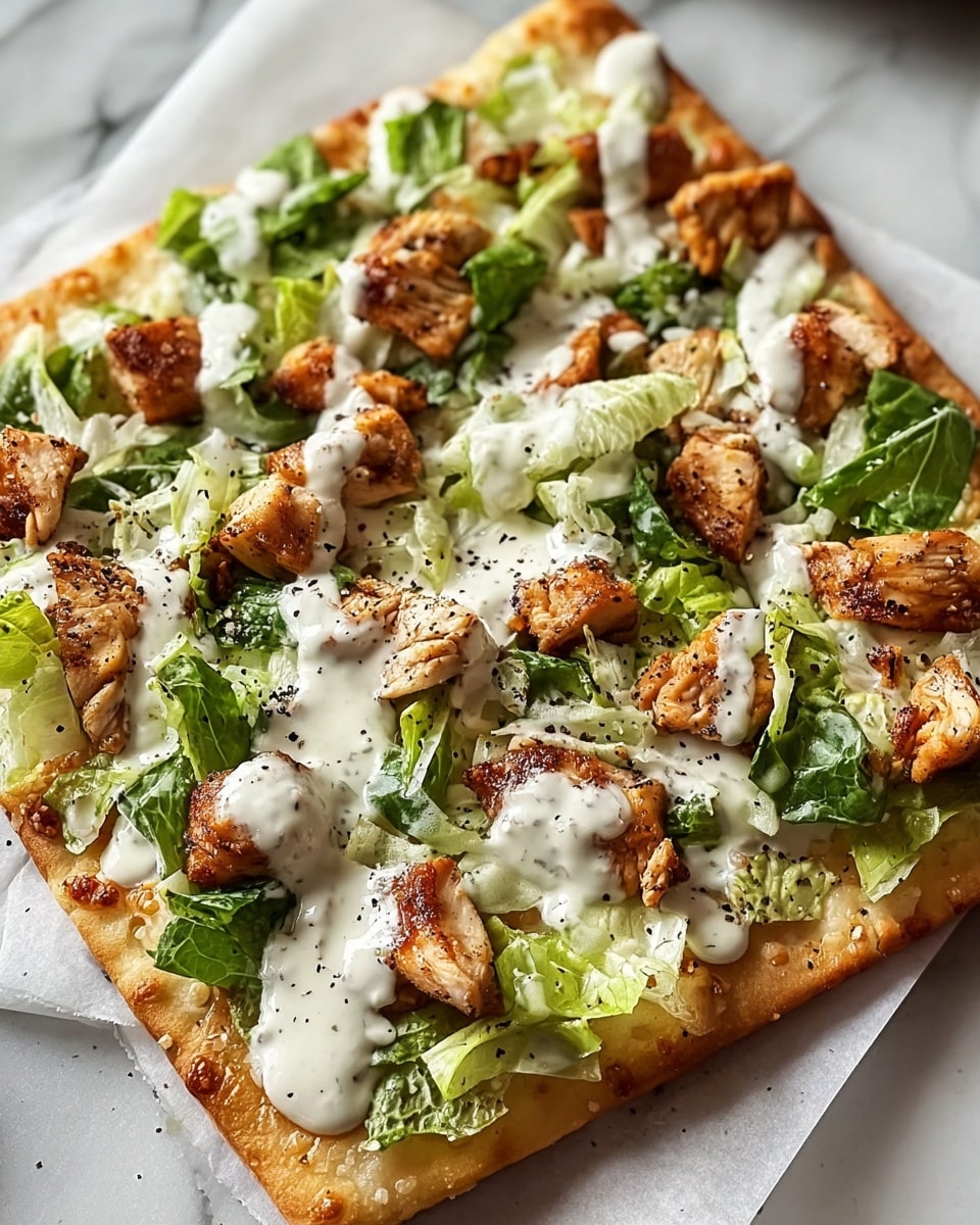 A square flatbread pizza sits on parchment paper over a white marbled surface. The pizza has a golden-brown thin crust base. On top is a layer of fresh green lettuce leaves scattered across. There is a light drizzle of white creamy sauce over the lettuce. Cubes of grilled chicken with a browned, slightly crispy outer texture are placed evenly over the whole pizza. A sprinkle of black pepper is scattered over everything, adding small dark specks across the surface. Photo taken with an iphone --ar 4:5 --v 7