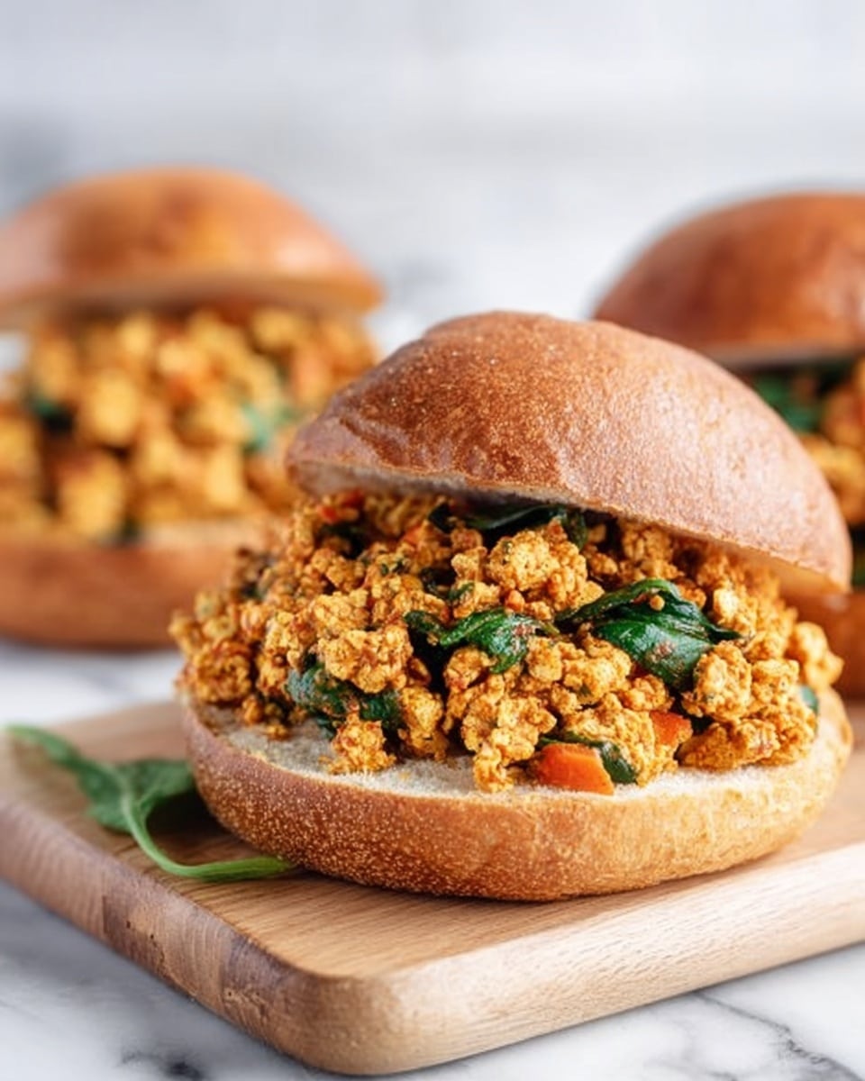 The image shows a sandwich with a toasted brown bun, split into a top and bottom layer. Between the bun layers is a thick filling made of crumbled, cooked tofu mixed with green spinach leaves and orange carrot bits, giving it a textured and colorful look. The sandwich sits on a light wooden board that rests on a white marbled surface. In the background, two more similar sandwiches are slightly out of focus. The overall setting is clean and bright, highlighting the sandwich’s warm colors and textures. photo taken with an iphone --ar 4:5 --v 7