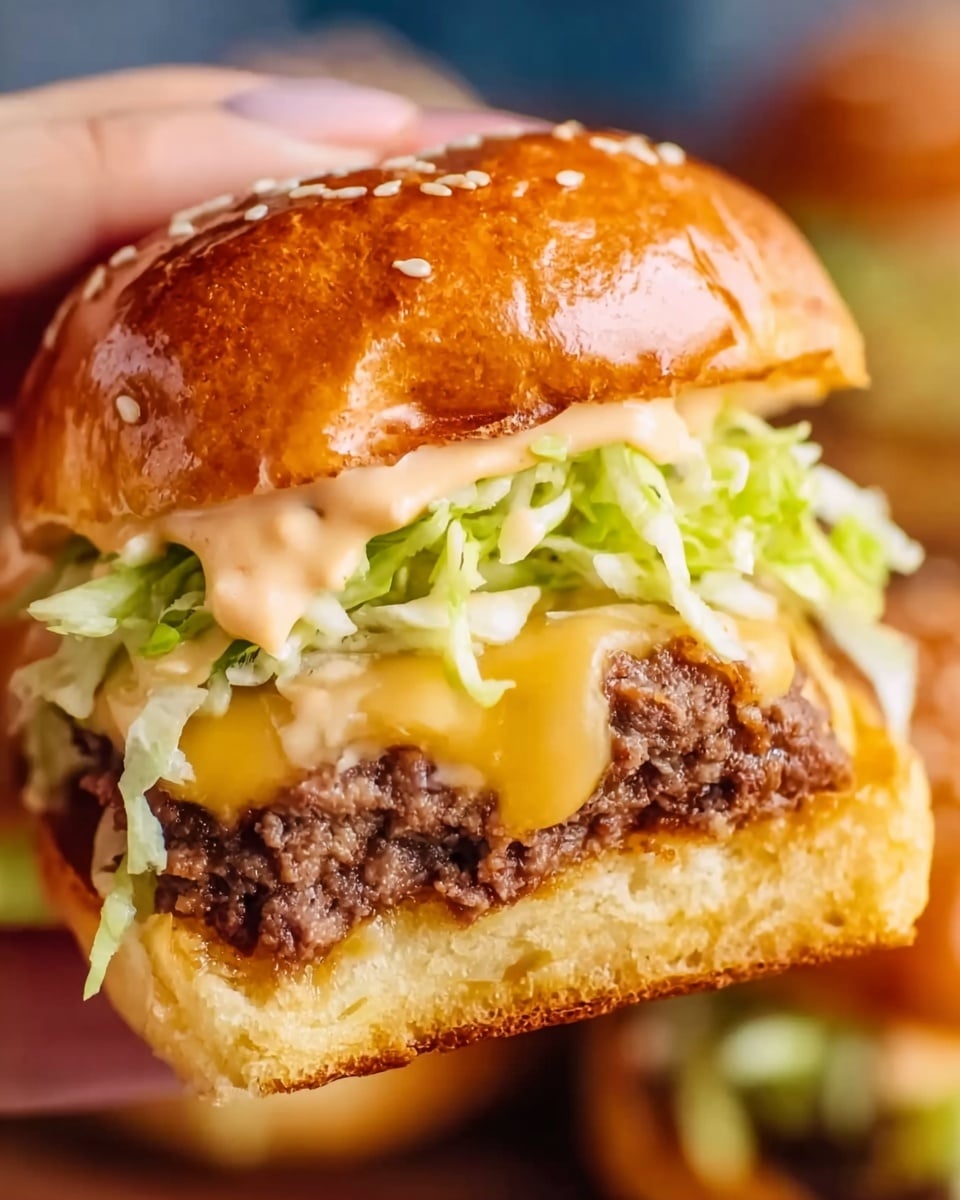 A close-up image of a small burger slider held by a woman's hand from the top left corner, showing three main layers inside a shiny, golden-brown sesame seed bun with a soft texture; the bottom layer is a thick, juicy brown beef patty with a slightly crisp edge, topped with a smooth, melted yellow cheese layer that covers most of the patty; above the cheese is a fresh, light green shredded lettuce layer that adds a crunchy texture; drizzled over the lettuce is a light beige sauce that slightly drips down the sides; the white marbled surface underneath contrasts with the warm tones of the burger, and blurred background sliders add depth; photo taken with an iphone --ar 4:5 --v 7