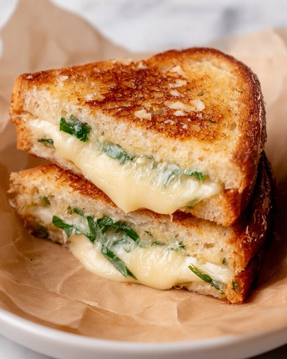 A close-up view of a grilled cheese sandwich cut into two triangular halves and stacked, showing three layers: the top and bottom layers are golden brown toasted bread with a slightly crispy texture, and the middle layer is melted creamy cheese with green herb leaves mixed inside, slightly stretching out between the halves. The sandwich rests on brown parchment paper placed on a white plate, all set on a white marbled surface. photo taken with an iphone --ar 4:5 --v 7