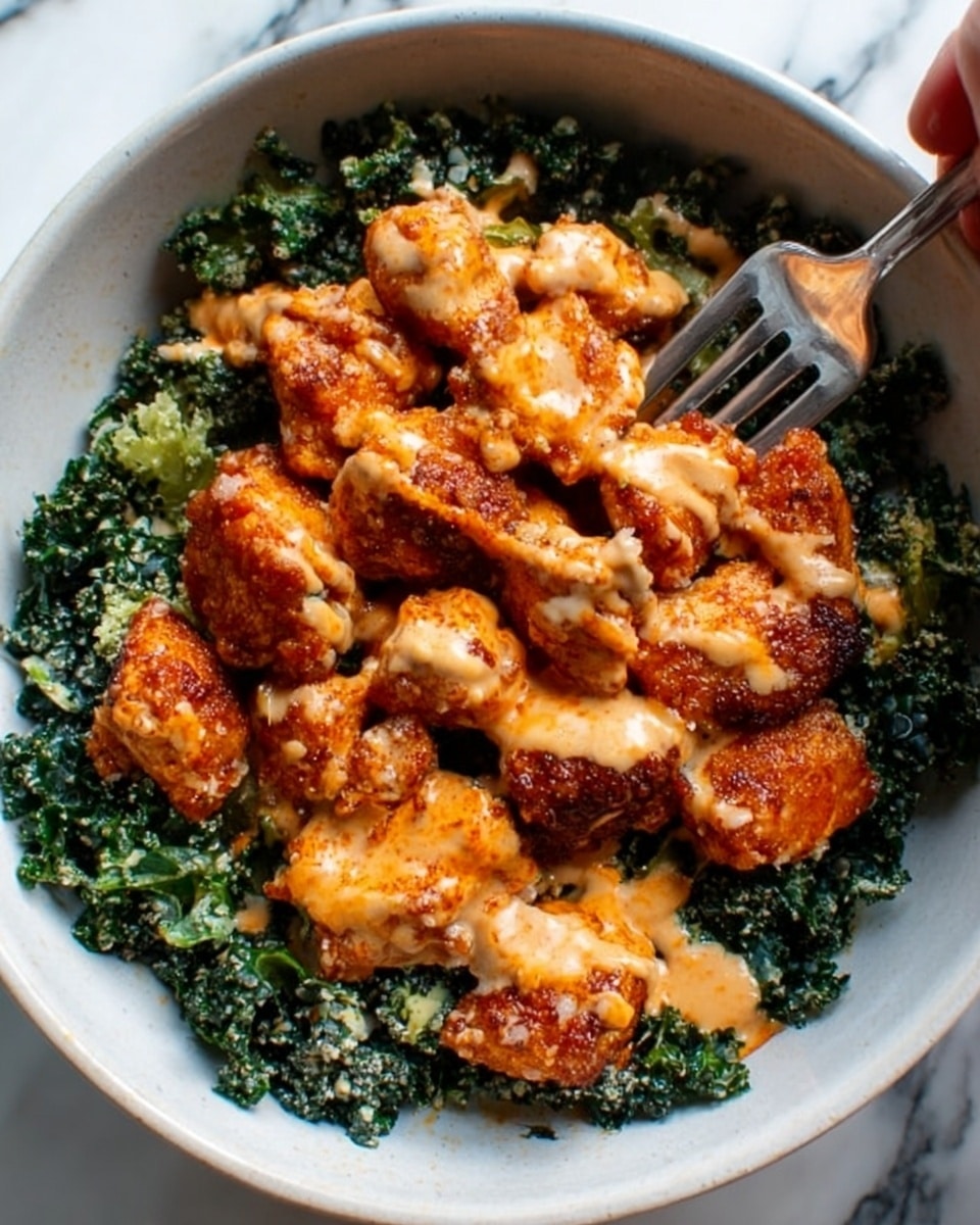 A white bowl sits on a white marbled surface, filled with a base layer of dark green, leafy kale with slightly wilted texture. On top is a generous pile of bite-sized, golden-brown, crispy chicken pieces coated in a bright orange sauce that looks creamy and spicy. The chicken pieces are covered lightly with a smooth, pale beige drizzle of sauce. A fork is placed inside the bowl on the right side and a woman's hand is slightly visible at the edge near the bottom right corner. Photo taken with an iphone --ar 4:5 --v 7