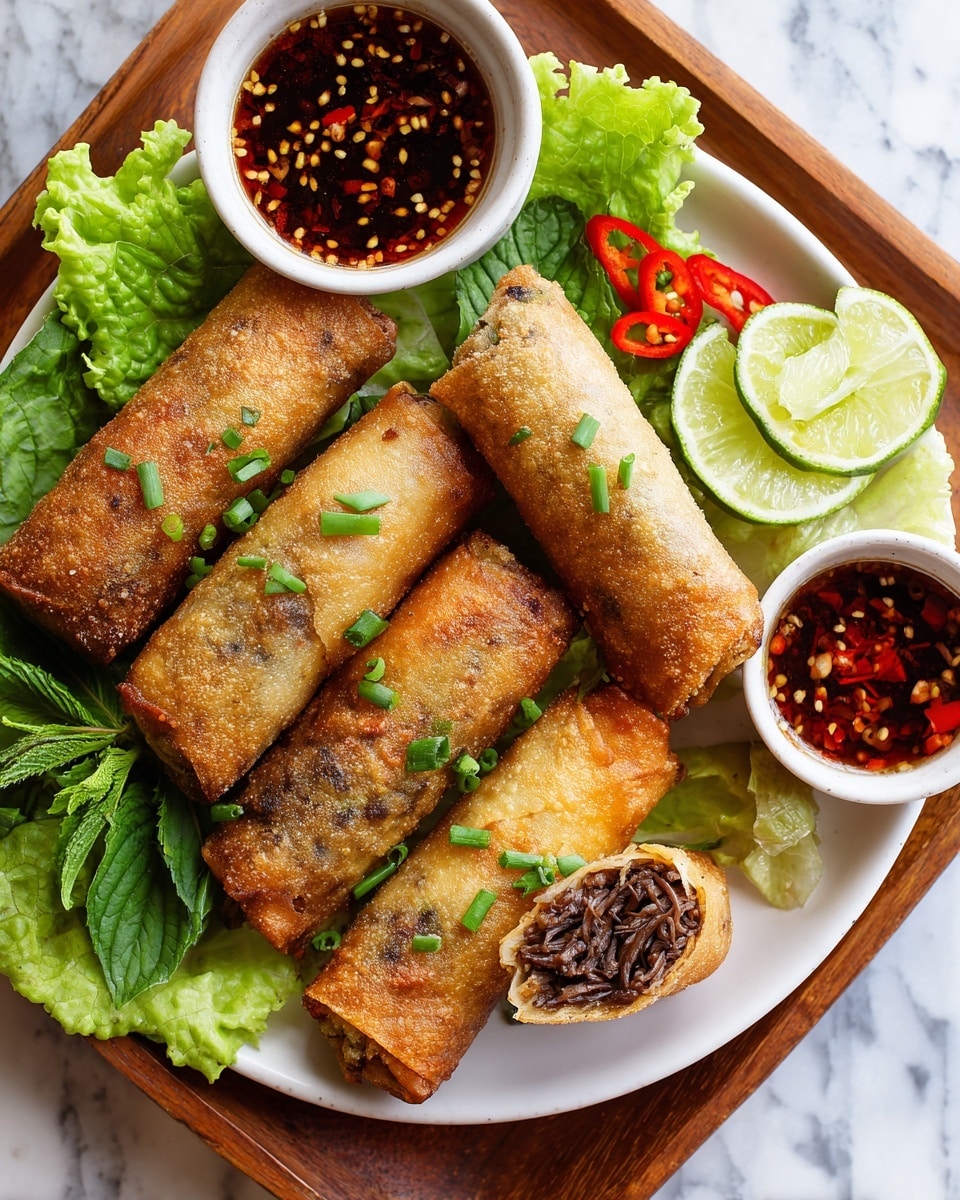 The image shows five golden-brown spring rolls arranged closely on a white plate with fresh green lettuce leaves and basil surrounding them. One spring roll is cut open, revealing shredded, dark brown meat inside. The spring rolls are sprinkled with bright green chopped scallions. Next to the spring rolls, there are a few red chili slices and two bright lime wedges. Two small bowls filled with a dark red sauce that has visible chili flakes and seeds sit beside the plate on a wooden tray. The entire setup rests on a white marbled surface photo taken with an iphone --ar 4:5 --v 7