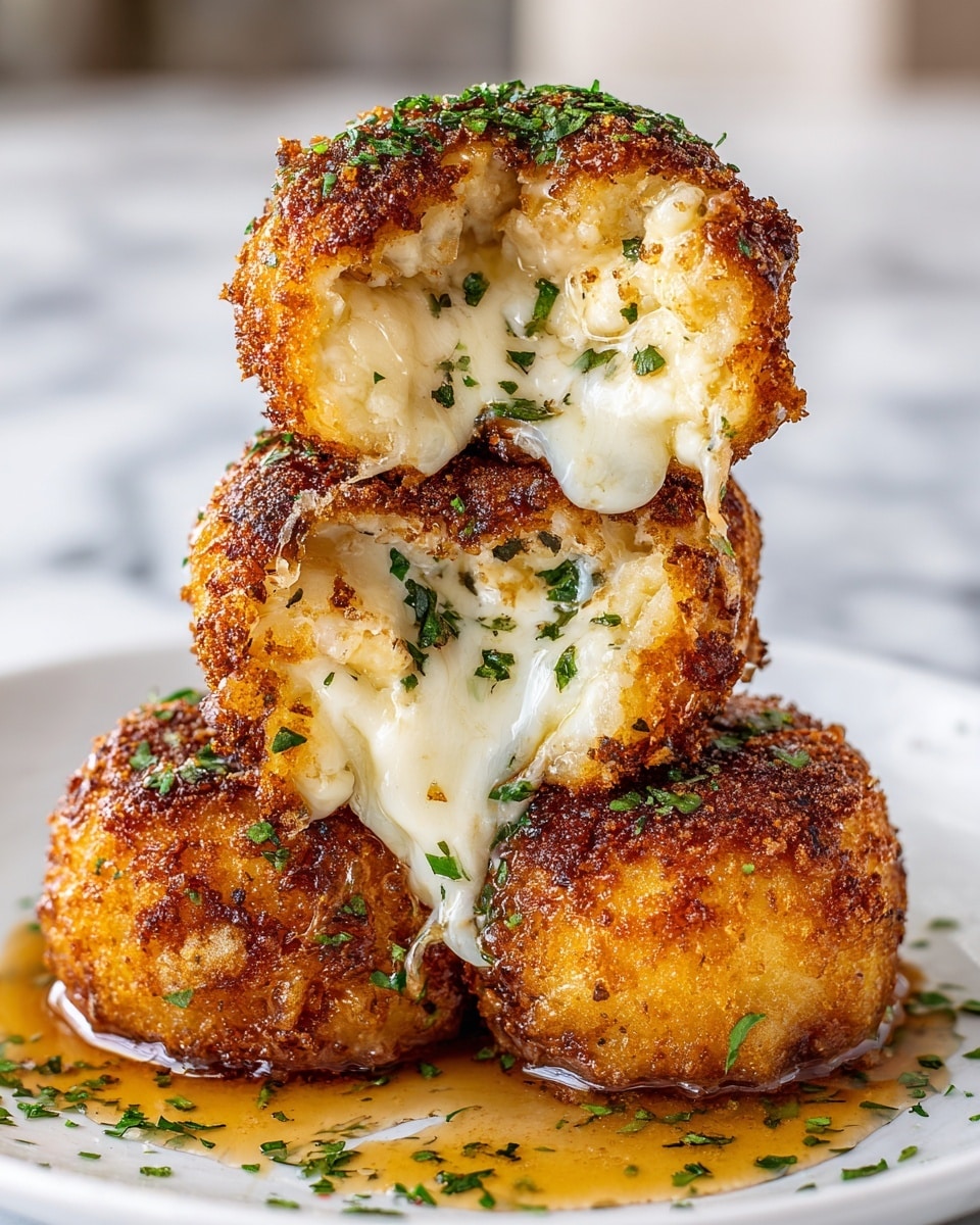 The image shows a stack of three golden-brown fried cheese balls on a white plate, placed on a white marbled surface. The top cheese ball is broken open, revealing melted, stretchy cheese oozing out in a creamy white color. Each cheese ball has a crispy, textured crust with a mix of deep golden and light brown hues, sprinkled with finely chopped green herbs on top and around. There is a shiny layer of syrup or sauce at the base, reflecting light and adding a glossy finish to the dish. The background is softly blurred, highlighting the cheese balls in sharp focus. photo taken with an iphone --ar 4:5 --v 7