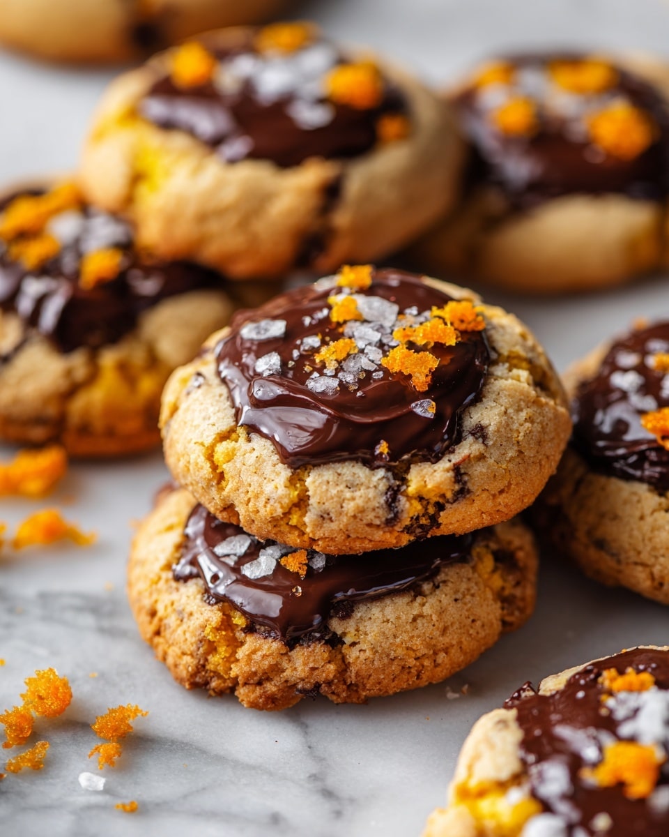 A close-up view of soft cookies stacked and spread on a white marbled surface, each cookie showing a golden-brown base with a slightly cracked texture. The top layer features thick, glossy dark chocolate dollops in the center of each cookie, some melted slightly, surrounded by small bright orange pieces scattered on and around the cookies, adding contrast. Light sprinkles of white flaky salt are visible on the chocolate parts, enhancing the texture and color variety, with some crumbs scattered nearby. photo taken with an iphone --ar 4:5 --v 7