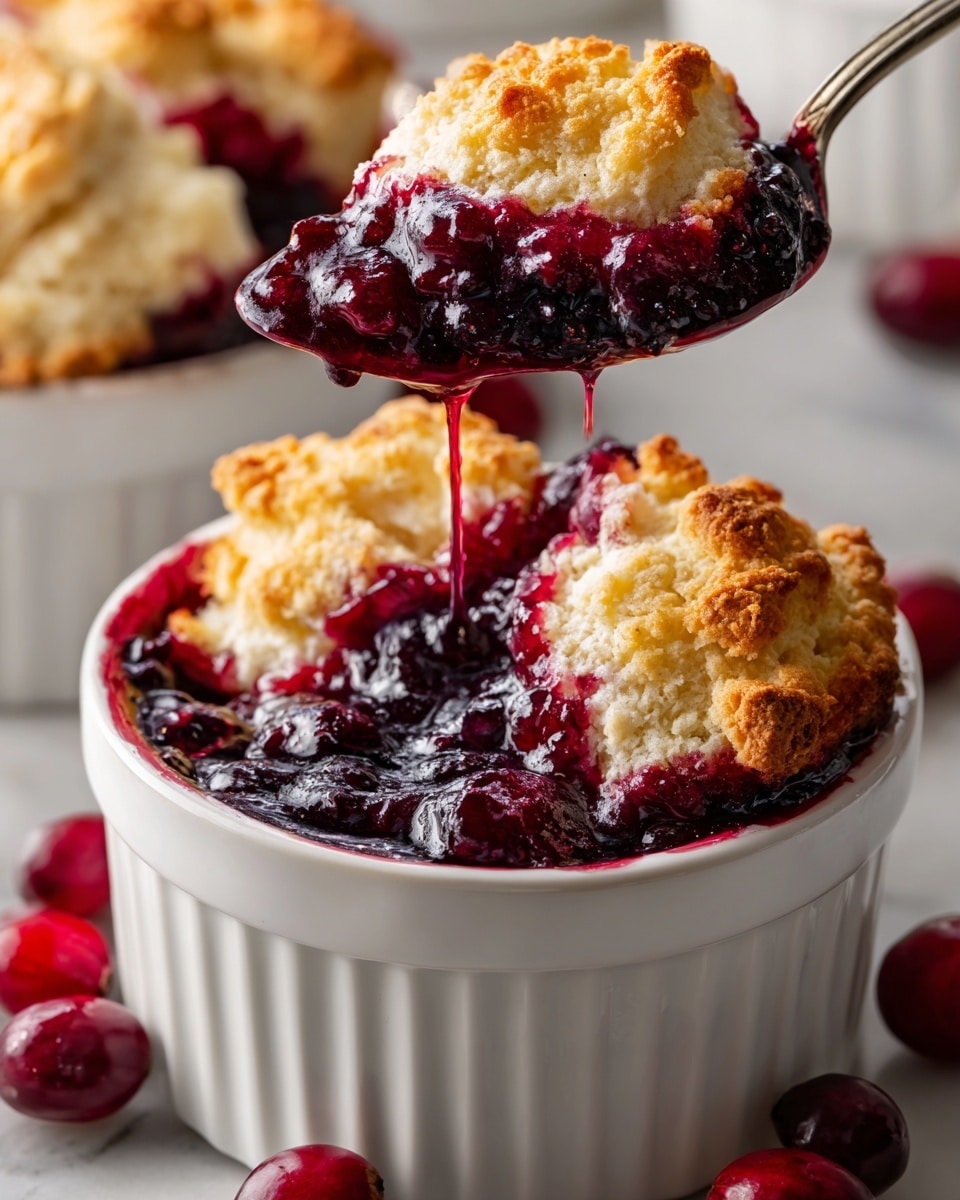 The image shows a close-up of white ramekins filled with a deep, glossy dark purple fruit filling that looks like cooked cranberries mixed with a thick syrup. On top, there are golden-brown biscuit or cobbler-like biscuit topping pieces with a textured, crispy surface and soft, fluffy inside. One ramekin is being scooped with a spoon, lifting a portion of the warm fruit and biscuit layers, with the syrup dripping slightly. The surrounding area features scattered fresh cranberries on a white marbled texture, adding a fresh and rich contrast. Photo taken with an iphone --ar 4:5 --v 7