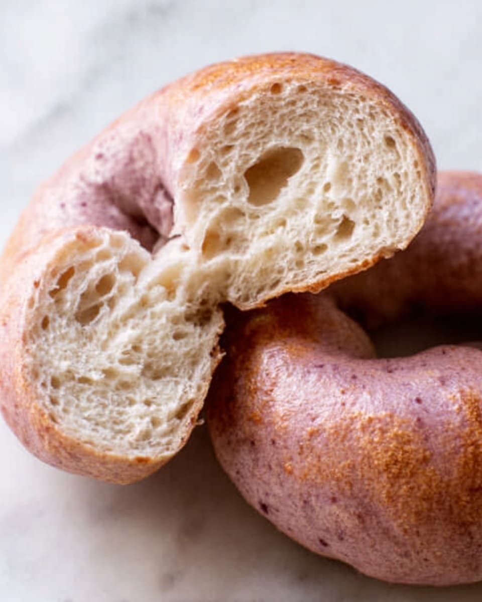 The image shows a close-up of a lavender-colored bagel with a soft and slightly chewy texture. The bagel is torn open, revealing its fluffy and porous inside, with small air pockets scattered throughout. The surface of the bagel is smooth with a subtle shine, hinting at a fresh bake. The entire scene rests on a white marbled texture, creating a clean and bright background. Photo taken with an iphone --ar 4:5 --v 7