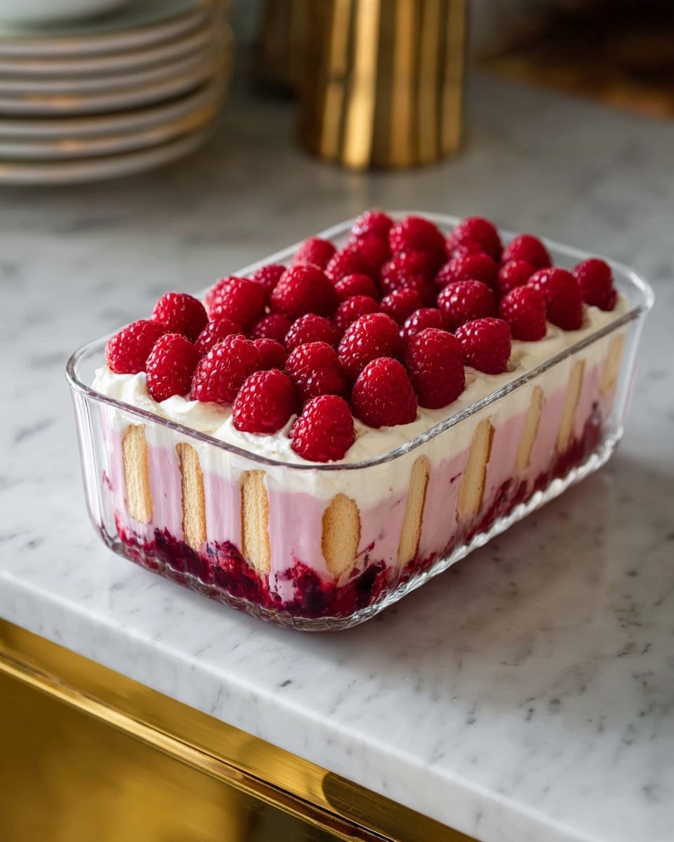 A clear glass rectangular dish shows a layered dessert with four visible layers. The bottom layer is a deep red berry compote with whole raspberries. Above that is a thick pink creamy layer with a smooth texture. The third layer consists of light beige ladyfinger biscuits arranged vertically along the sides and partially covered in white whipped cream that fills the top layer. The dessert is topped with many fresh, bright red raspberries evenly spread on the white whipped cream layer. The dish rests on a white marbled textured surface with a golden brass cabinet below. photo taken with an iphone --ar 4:5 --v 7
