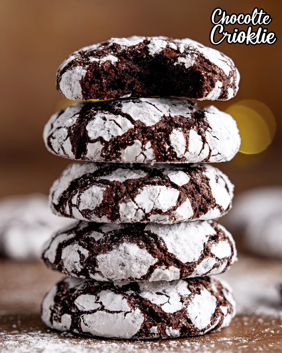 A stack of four round chocolate crinkle cookies is shown, each covered with cracked white powdered sugar that contrasts with the dark, rich chocolate color beneath. The top cookie has a bite taken out of it, revealing its soft and moist inner texture, which is deep dark brown with a slightly chewy appearance. The cookies have a rough, cracked surface with pale white patches scattered unevenly, giving them a cracked icy look. They are placed one on top of the other against a blurred background, on a white marbled surface. Photo taken with an iphone --ar 4:5 --v 7