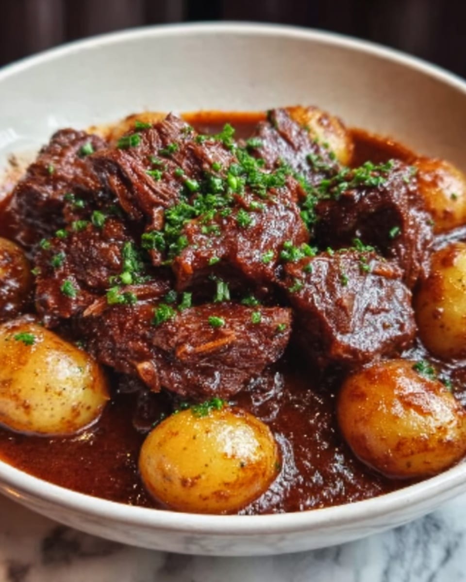 The image shows a white bowl filled with a rich, dark brown beef stew with visible thick chunks of meat that have a slightly fibrous texture. The stew's surface is glossy with a deep reddish-brown sauce, speckled with finely chopped green herbs. Surrounding the meat, there are several small, golden yellow potatoes with a smooth texture, sitting at the bottom edge of the bowl. The bowl is placed on a white marbled surface, and the colors of the stew and potatoes contrast well against the clean white bowl. Photo taken with an iphone --ar 4:5 --v 7
