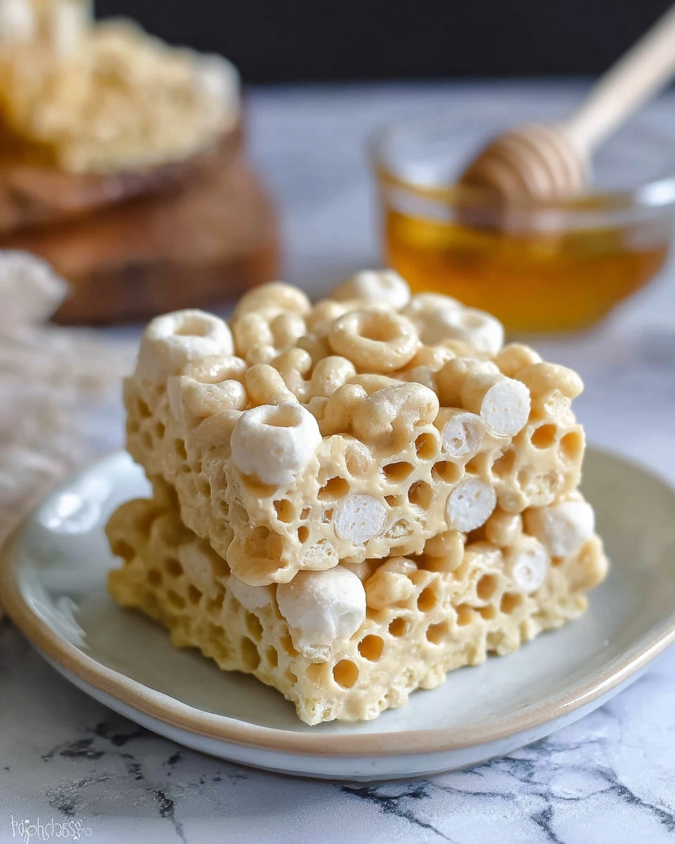 A close-up image of a square-shaped cereal treat stacked in two layers, starting with a thick, light yellow base layer made of puffed rice cereal coated in a creamy, glossy binder. The top layer features off-white, honeycomb-shaped cereal pieces with small round white cereal puffs nestled between them, giving a textured, slightly rough look. The treat is set on a white plate with a subtle shine, placed on a white marbled surface. In the blurred background, there is a small glass bowl of golden honey and a wooden honey dipper. Photo taken with an iphone --ar 4:5 --v 7