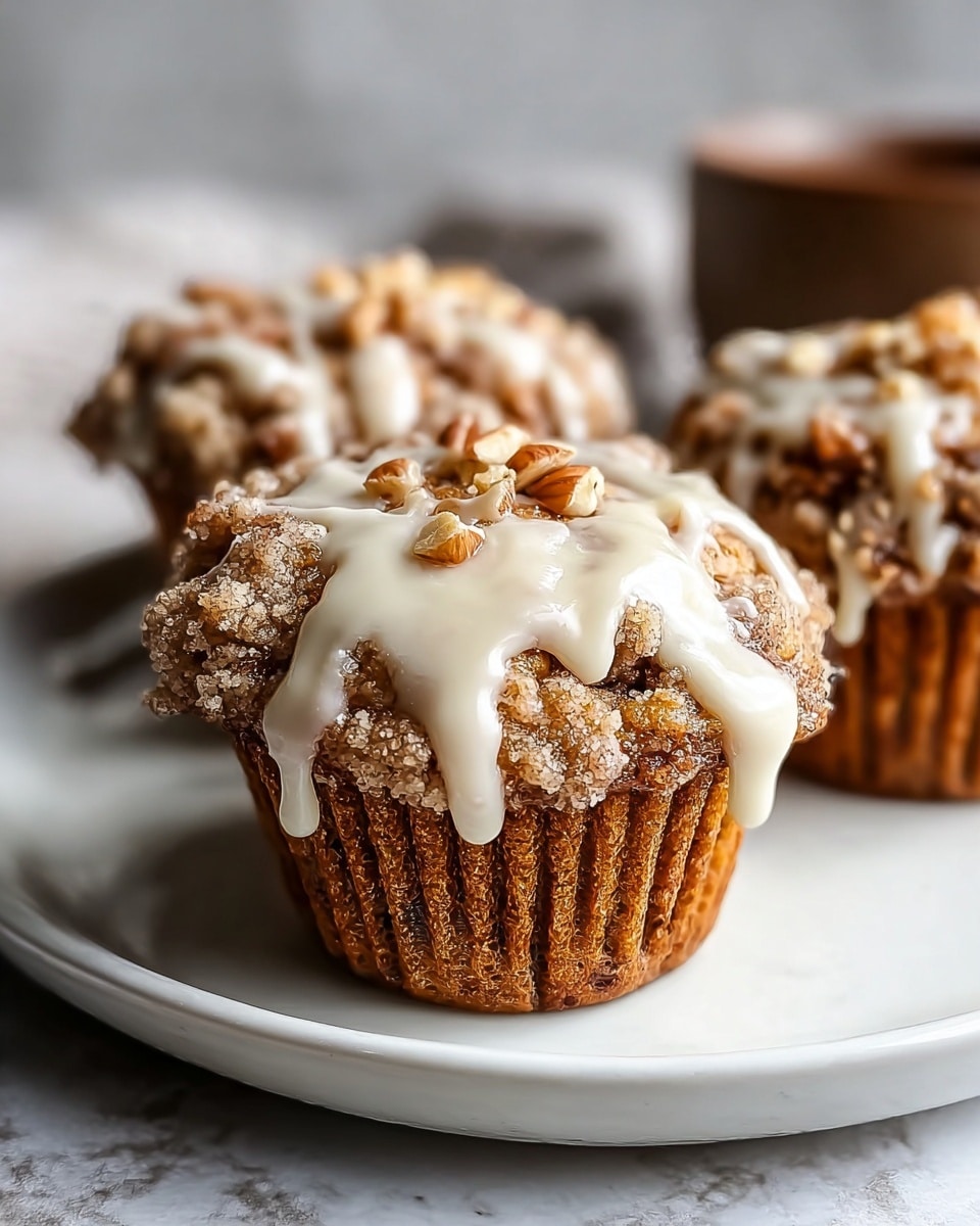 Three muffins sit on a white plate, each with a crinkled, golden-brown base with visible dark specs, showing a textured crumb. On top of each muffin is a thick layer of crumbly streusel with a mix of light brown and darker brown bits, giving a rough texture. Drizzled over this crumb layer is a creamy white glaze that thickly flows down the sides of the muffins. Small pieces of light brown nuts are scattered on top of the glaze and crumbs. The setting shows a softly blurred light background with a white marbled texture under the plate. Photo taken with an iphone --ar 4:5 --v 7