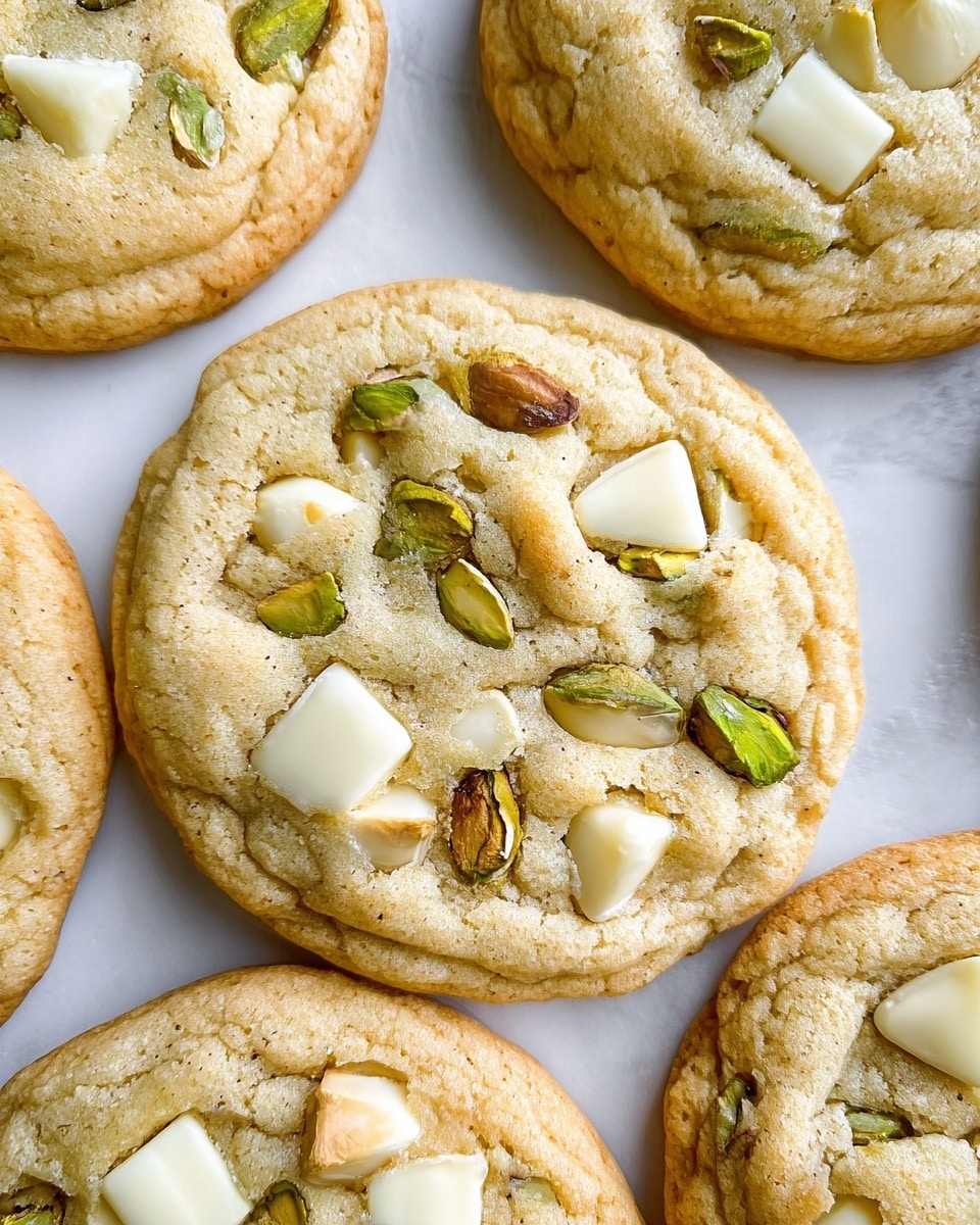 A close-up view shows several soft, golden-brown cookies with a slight cracked texture, each studded with large pieces of creamy white chocolate and whole green pistachios on the surface. The cookies appear thick with chewy edges and are placed on a white marbled textured surface. The light highlights the smooth white chocolate chunks contrasting with the rougher texture of the pistachios and the soft dough below. photo taken with an iphone --ar 4:5 --v 7