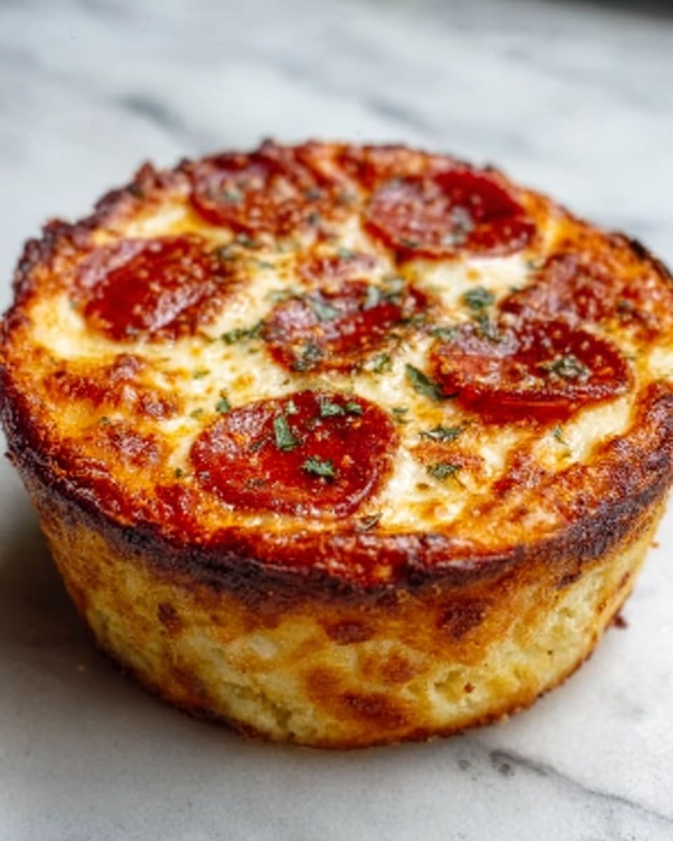 A small, round deep-dish pizza with a thick golden crust that is crispy on the edges, filled with a layer of melted cheese and topped with several slices of pepperoni that are slightly curled with a shiny, oily texture. There are small flecks of herbs scattered on top of the cheese and pepperoni. The pizza stands alone on a white marble surface. Photo taken with an iphone --ar 4:5 --v 7
