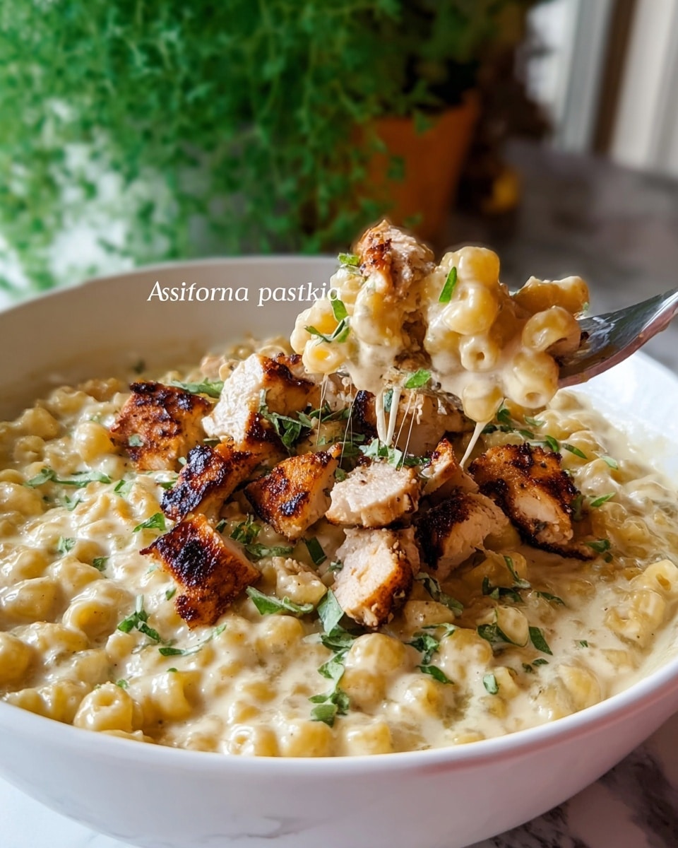 A close-up image of a white bowl filled with creamy chicken alfredo pastina. The dish shows small round pasta beads coated in a smooth, pale yellow sauce, forming the base layer. On top, there are grilled chicken pieces, browned with a slightly crispy texture, scattered evenly. Small green herb bits are sprinkled over the pasta and chicken, adding a fresh touch. A fork lifting a portion of pasta and chicken from the bowl is visible, capturing the creamy texture and the golden surface of the chicken. The background features a white marbled texture with green plants and a blurred element behind the bowl. photo taken with an iphone --ar 4:5 --v 7