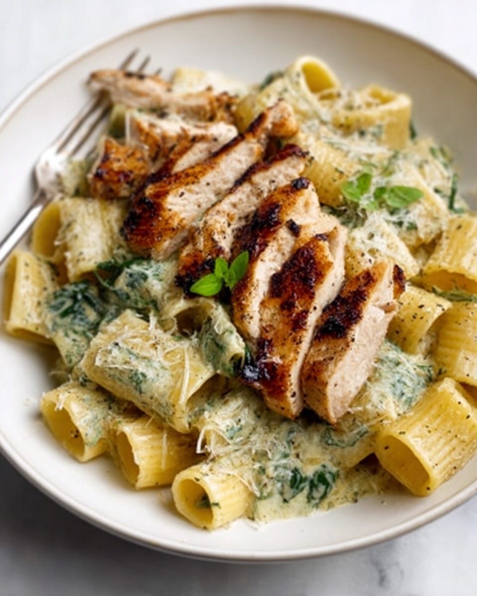 The dish shows a white plate filled with rigatoni pasta covered in a creamy white sauce mixed with green herbs. On top, there are browned pieces of grilled chicken with a slightly crispy texture and a golden-brown color. The sauce clings to the pasta and chicken, creating a rich and thick layer. Some grated cheese is sprinkled over the dish, adding a fine texture contrast with tiny white strands. The overall look is creamy and hearty with a mix of white, green, and brown colors. photo taken with an iphone --ar 4:5 --v 7