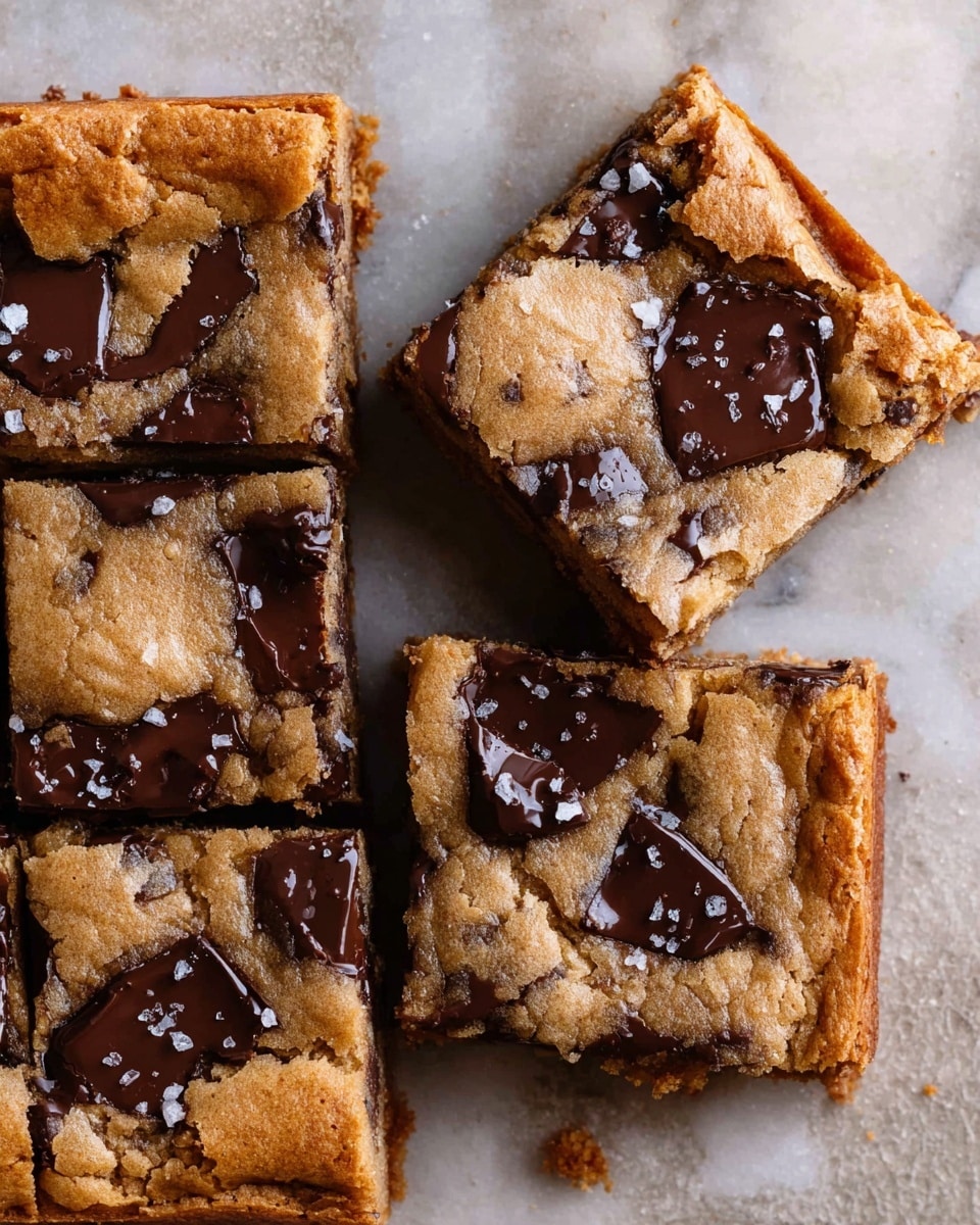 The image shows five square blondie bars arranged closely together on a white marbled surface, with one piece slightly separated above the others. Each blondie has a light golden brown top layer with visible cracks and a chewy texture. Large, glossy melted dark chocolate chunks are irregularly scattered throughout the top layer, adding a rich dark brown contrast. Flakes of coarse sea salt sprinkle the surface, shining subtly against the blondie's top. The edges of the bars look slightly crisp, while the inside appears moist and dense. photo taken with an iphone --ar 4:5 --v 7