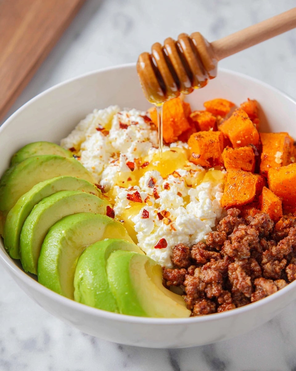 The image shows a white bowl with four distinct layers of food arranged side by side. The first layer is made of bright green avocado chunks with a smooth and slightly shiny texture on the left side. Next to it is a layer of pale white cottage cheese topped with a drizzle of golden honey and small red chili flakes, adding a touch of color and texture. To the right of the cottage cheese is a layer of soft, orange roasted sweet potato cubes with a slightly crisp outside. The final layer on the far right consists of brown cooked ground beef with a crumbly texture. Above the bowl, a wooden honey dipper held by a woman's hand is about to drizzle honey over the cottage cheese. The background shows a white marbled surface. photo taken with an iphone --ar 4:5 --v 7