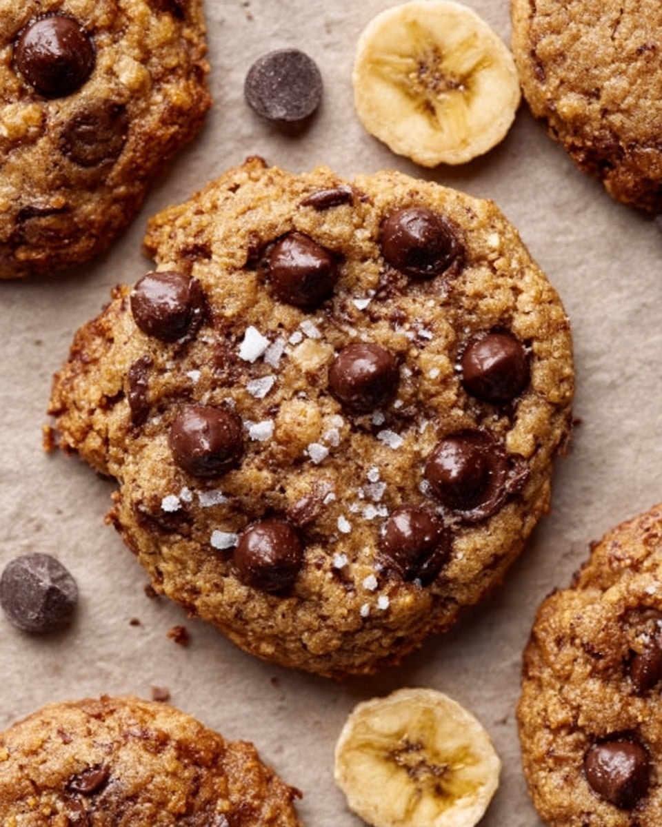 A close-up of a broken thin cookie with a deep golden brown color and a slightly crispy texture. The cookie is topped with scattered glossy dark brown chocolate chips, some melted and some whole, and a few flakes of coarse white sea salt. On the right side of the cookie, there is a small light beige dried banana slice shaped like a flower. The cookie rests on a light tan parchment paper background. Photo taken with an iphone --ar 4:5 --v 7