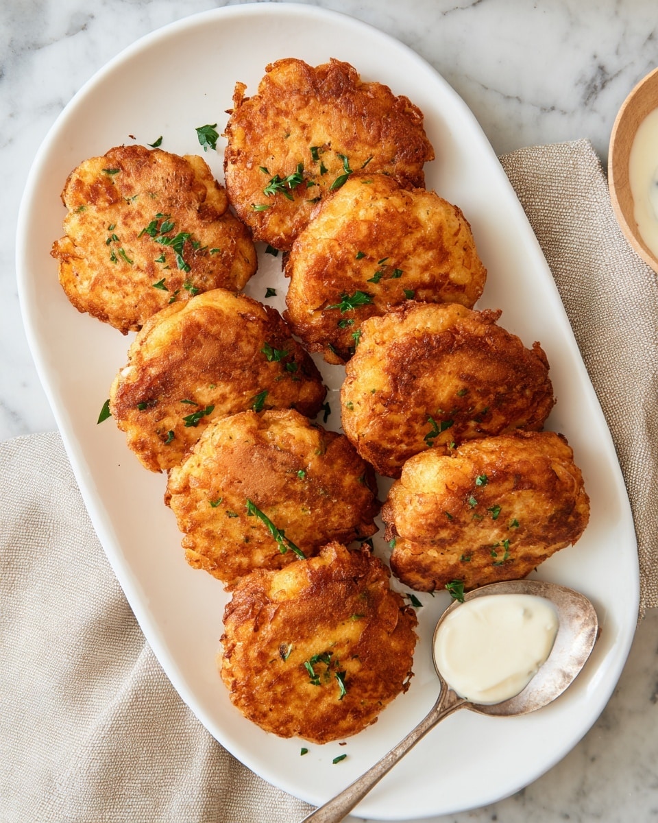 A rectangular white plate holds ten golden-brown fritters, arranged in two stacked rows, each fritter showing a crisp, textured surface with slight variations of darker and lighter brown spots. Small green herb bits are sprinkled evenly over the fritters, adding color contrast. A silver spoon with a white creamy sauce sits at the bottom right corner of the plate, resting partly on a beige cloth napkin. The plate is placed on a white marbled surface with subtle gray veins. photo taken with an iphone --ar 4:5 --v 7