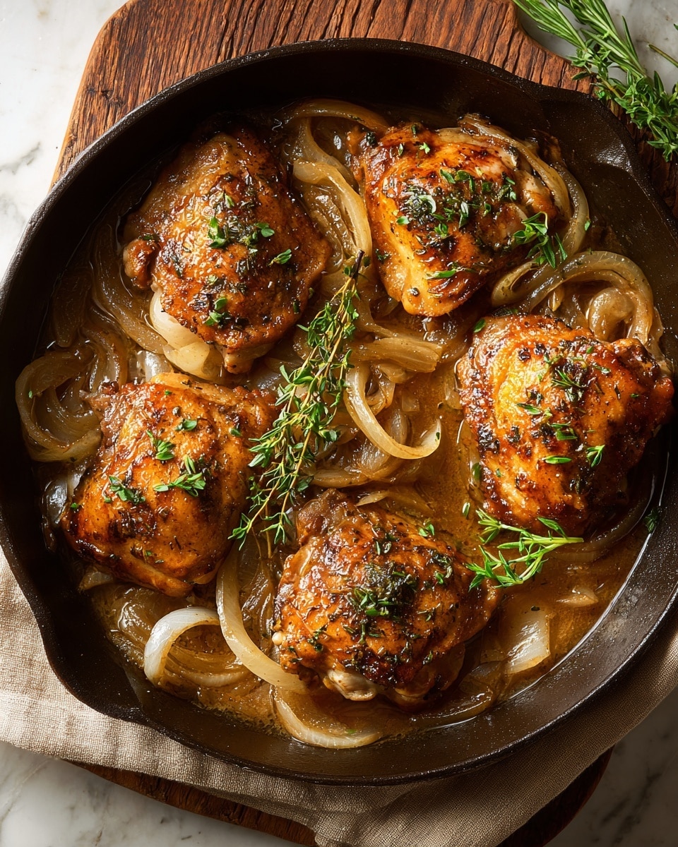 A black pan holds four browned chicken thighs with a crispy texture, each topped with scattered small green herb leaves. Around the chicken are soft, translucent rings of cooked onions mixed with a light brown sauce. Fresh herb sprigs lay across the chicken, adding a touch of green contrast. The pan sits on a wooden board with a piece of beige cloth beneath it, all placed on a white marbled surface. photo taken with an iphone --ar 4:5 --v 7