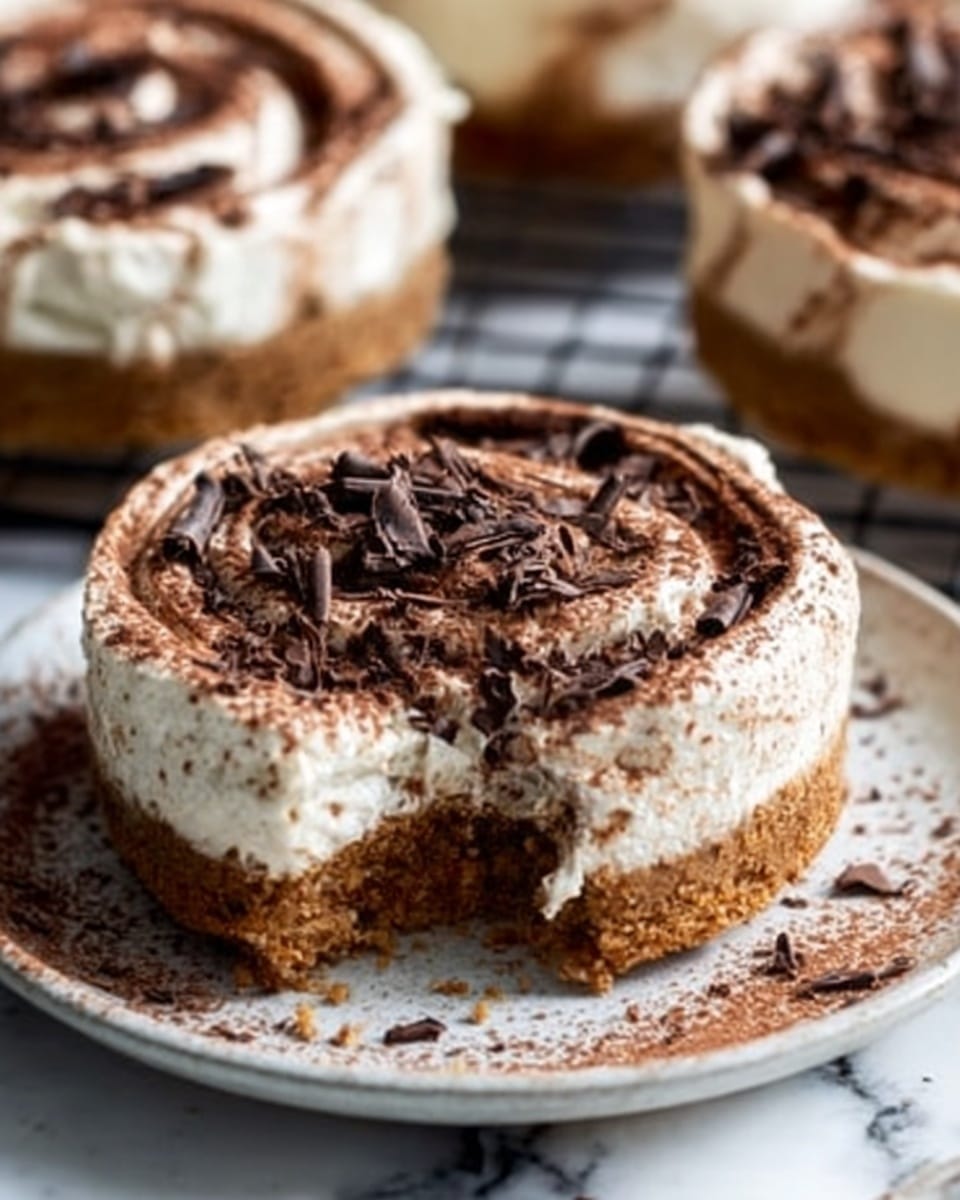 The image shows a round tart with three visible layers on a wire rack. The base layer is a golden-brown crust, firm and slightly crumbly. On top of the crust is a thick, creamy white layer, smooth and even. The top layer is a swirled mixture of light and dark brown cocoa powder dusted in a spiral pattern, with small dark brown chocolate curls scattered over the center. The tart sits on a white marbled surface. Photo taken with an iphone --ar 4:5 --v 7