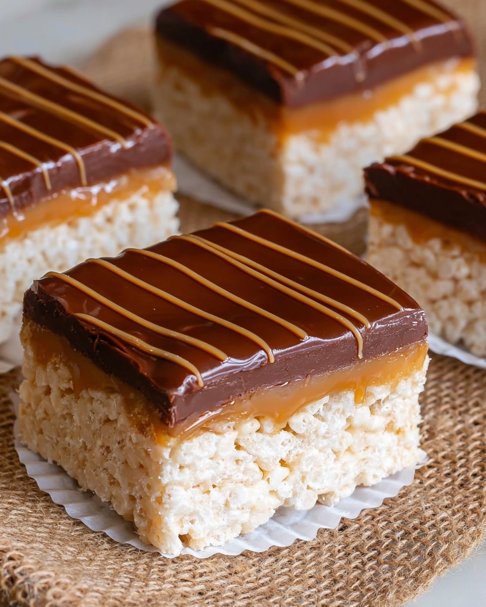 The image shows a close-up of rectangular dessert bars placed on a textured brown burlap cloth over a white marbled texture background. Each bar has three distinct layers: the bottom layer is a thick, white and light tan crispy rice cereal base with a fluffy texture; the middle layer is a smooth, light caramel-colored layer; the top layer is a glossy, dark brown chocolate coating with thin caramel drizzle lines running across horizontally. The bars rest on small white round paper liners, adding contrast and neatness to the presentation. photo taken with an iphone --ar 4:5 --v 7